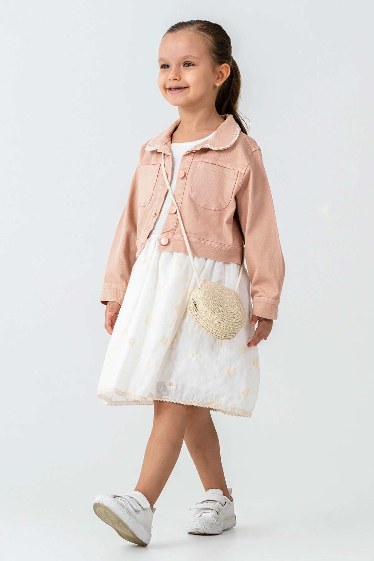 Hasır Çantalı Nakışlı Kız Çocuk 3'lü Takım - 26K 7265 - Toprak