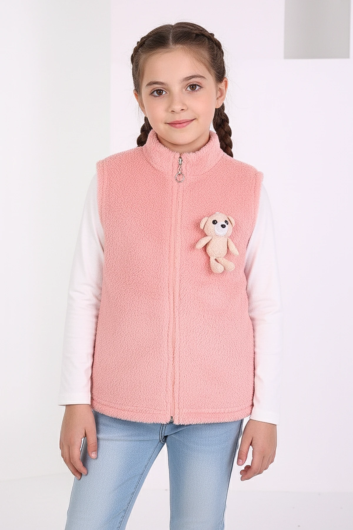 Ayıcık Figürlü Fermuarlı Kız Çocuk Peluş Yelek - 26K 1003 - Pembe