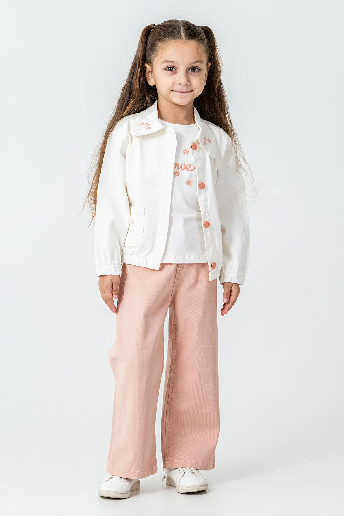 Flowers Nakışlı Kız Çocuk 3'lü Takım - 26K 6355 - Somon