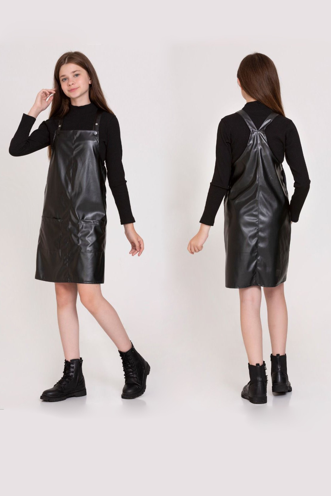Basıc Deri Çıtçıtlı Elbise 23141 - Siyah