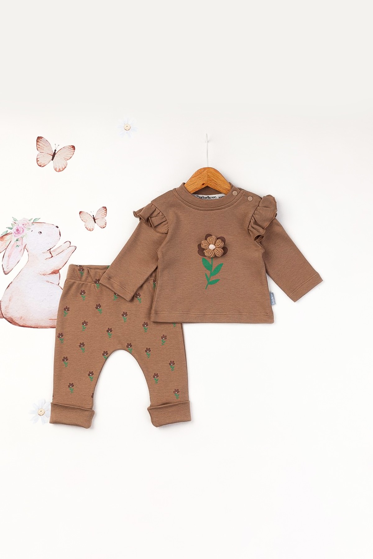 Papatya Detaylı Kız Bebek Takım - 14108 - Kahverengi