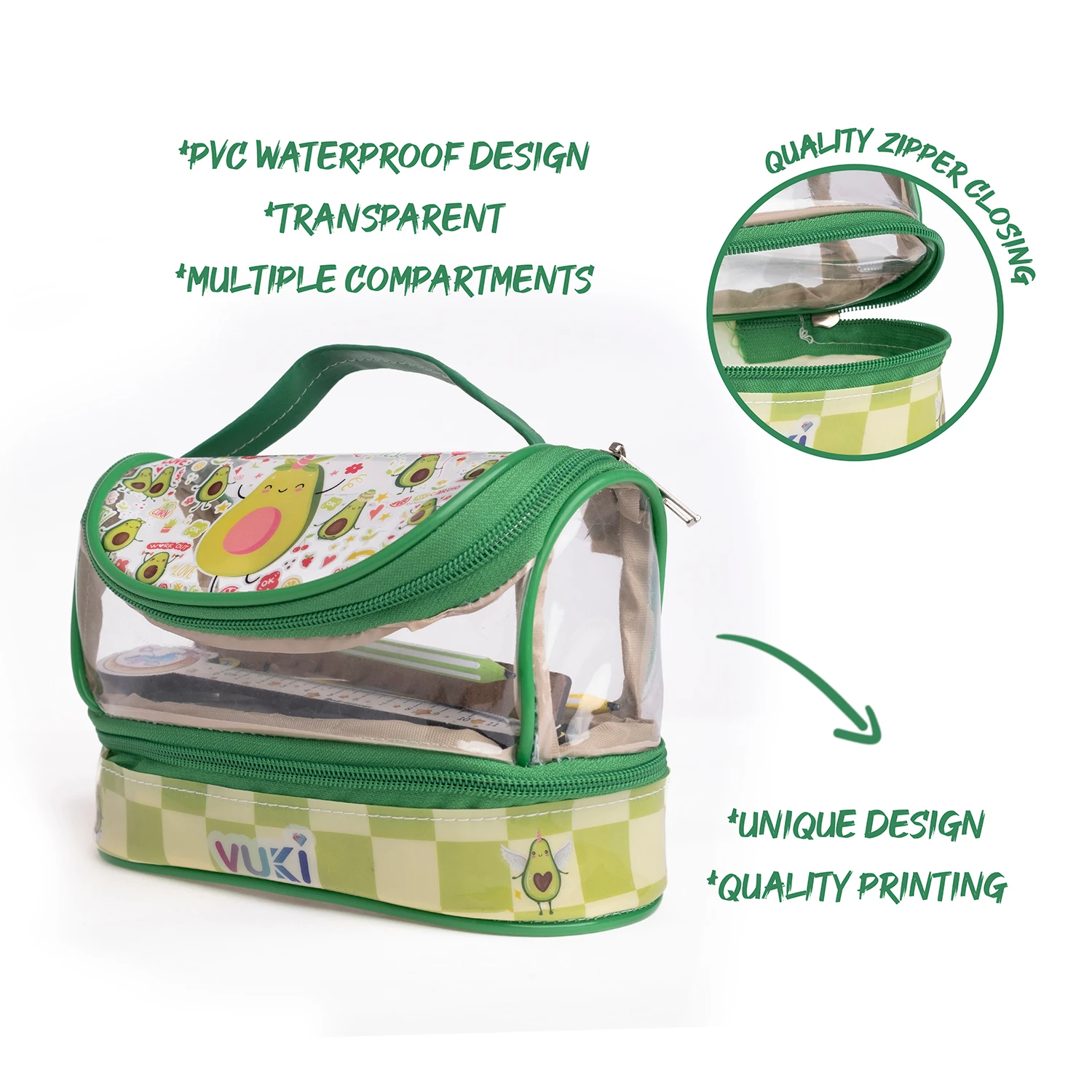 VUKİ - DESENLİ MEGA BOY KALEM ÇANTASI (AVOKADO)-1/
