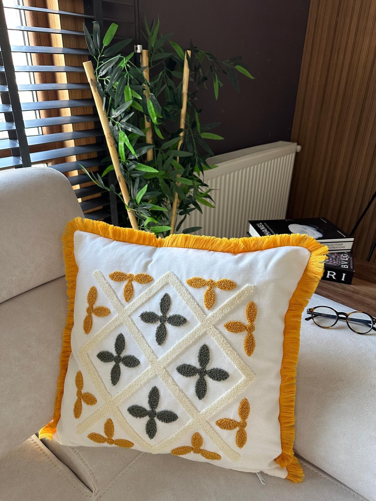 2li Desenli Saçaklı Punch Kırlent Kılıfı 43x43cm - v3