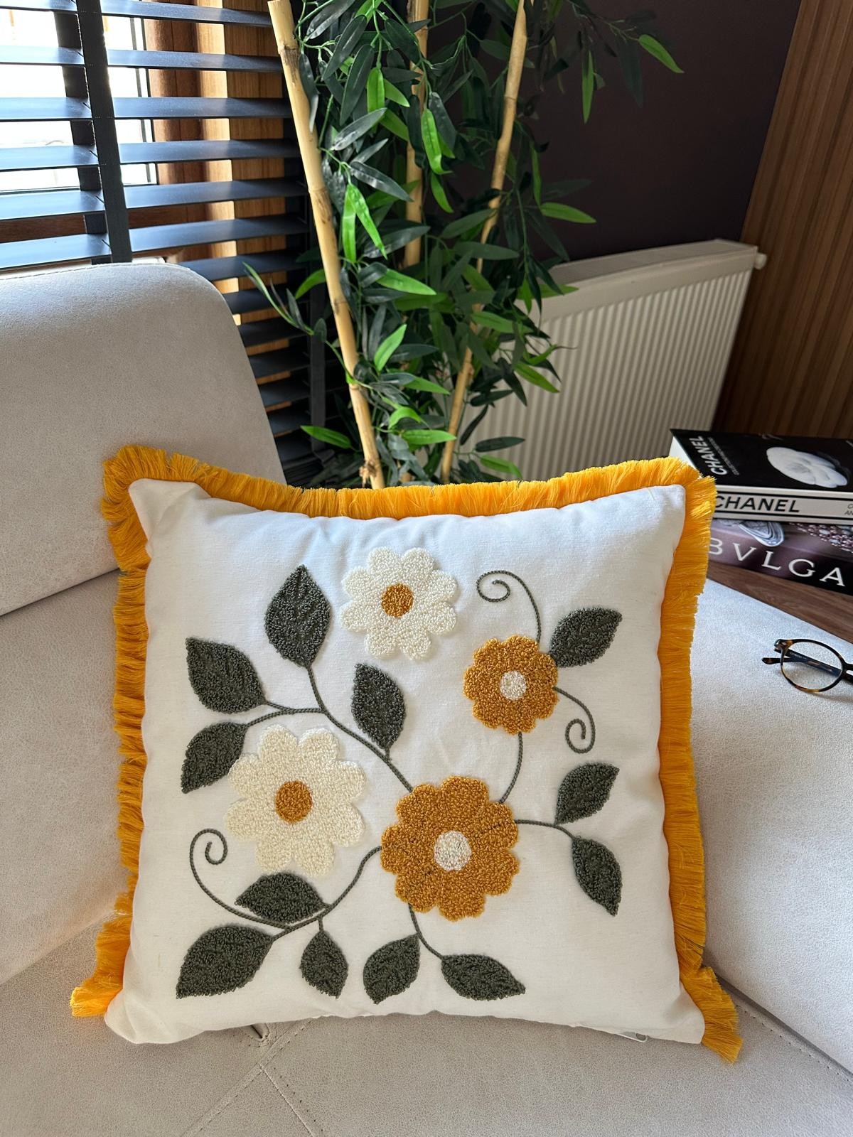 2li Desenli Saçaklı Punch Kırlent Kılıfı 43x43cm - v4