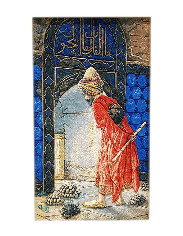 İran El Dokuması Tablo Halı 51x89cm - Kaplumbağa Terbiyecisi