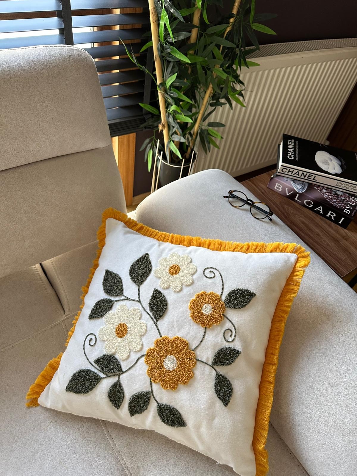 2li Desenli Saçaklı Punch Kırlent Kılıfı 43x43cm - v4