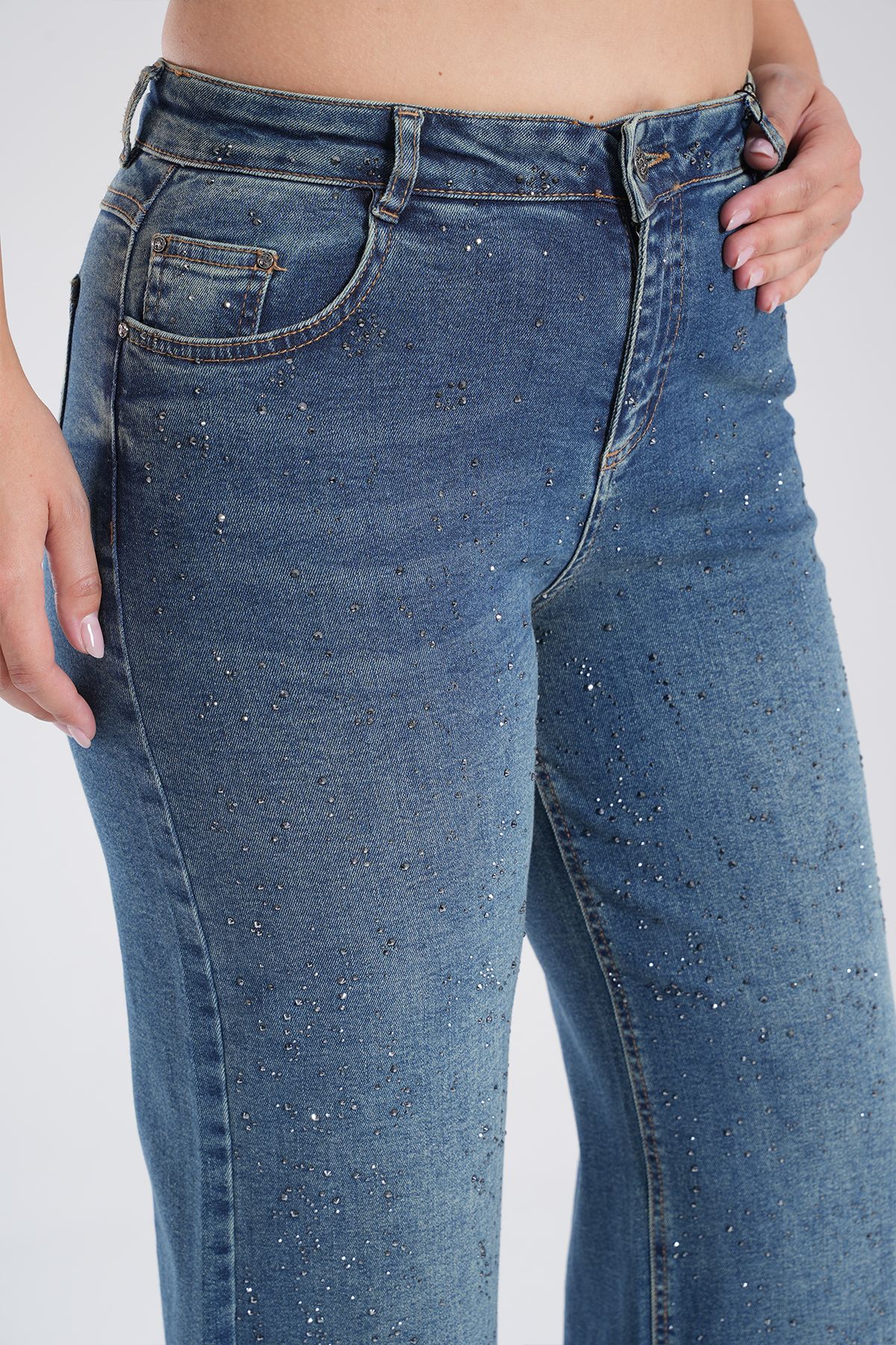 Kadın Paça Katlamalı Taşlı Jean Palazzo Pantolon 10576