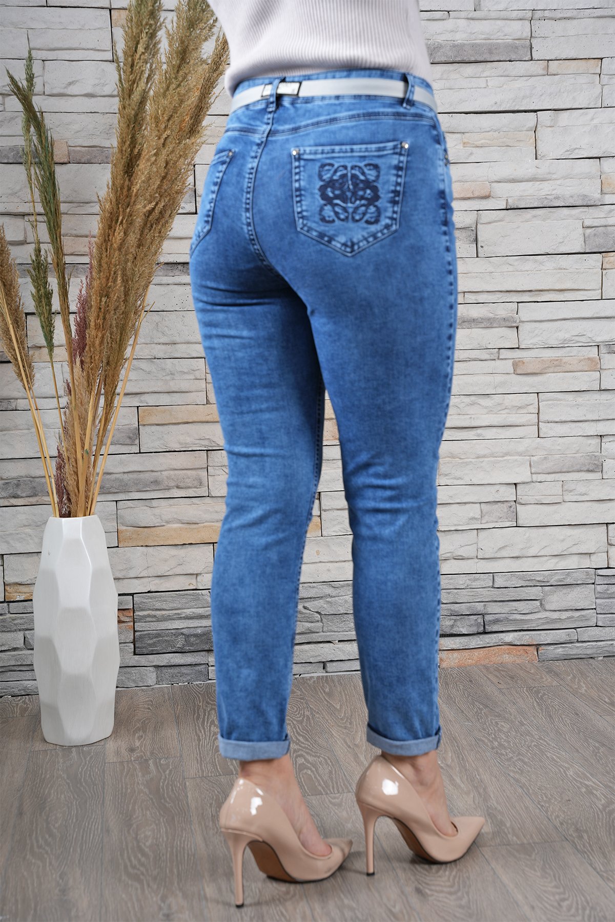Kadın Likralı Cep Özel Nakışlı Dar Paça Jean Pantolon 10449