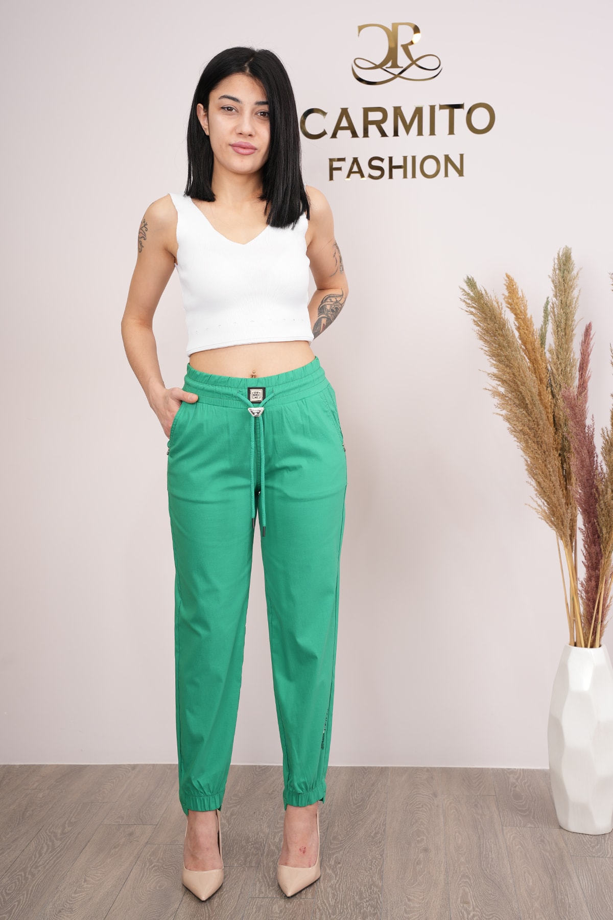 Kadın Bel Paça Lastikli Mom Pantolon 10499 - Yeşil