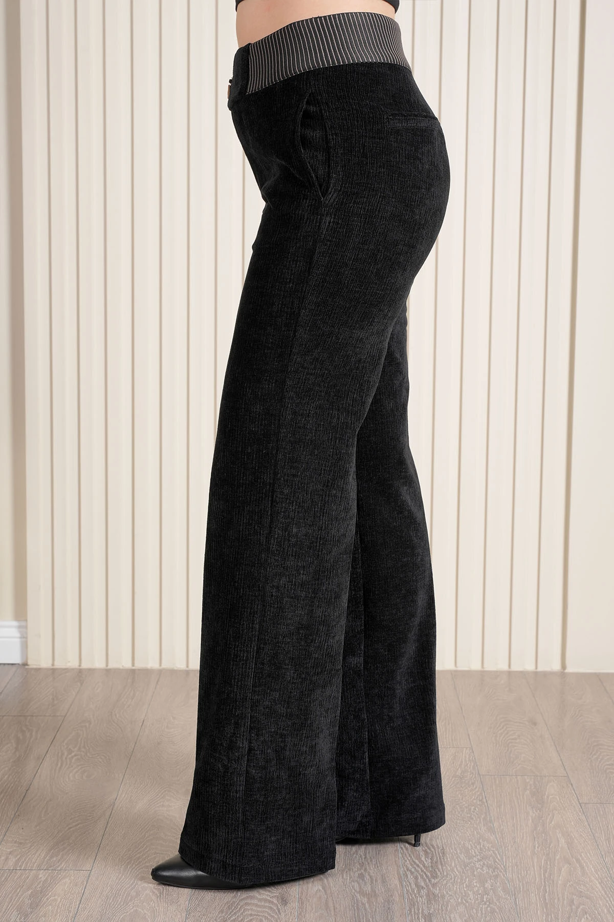 Kadın Bel Özel Tasarım Çizgili Lastikli Kadife Palazzo Pantolon 10682