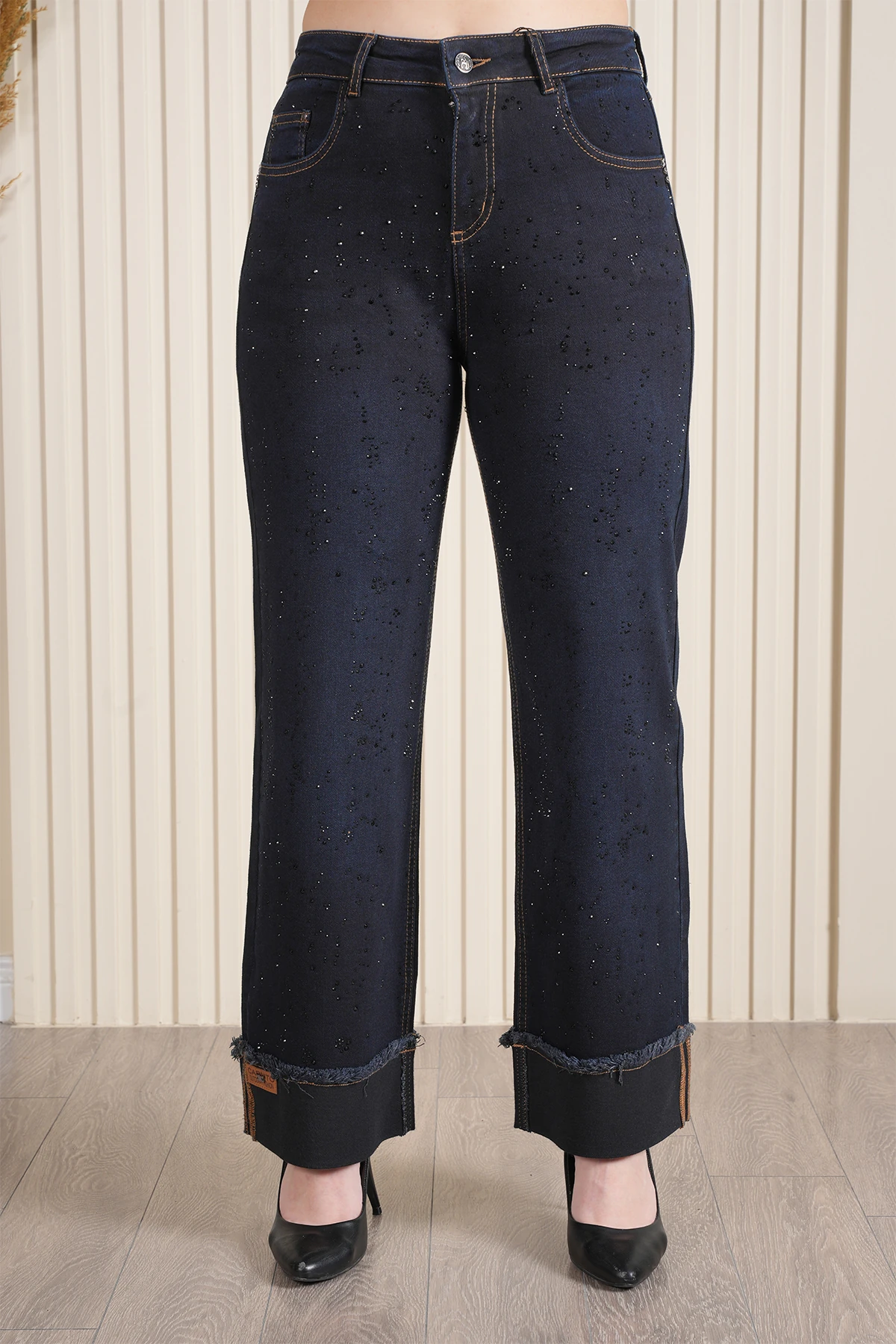 Kadın Paça Katlamalı Taşlı Jean Palazzo Pantolon 10576 - Blue Black