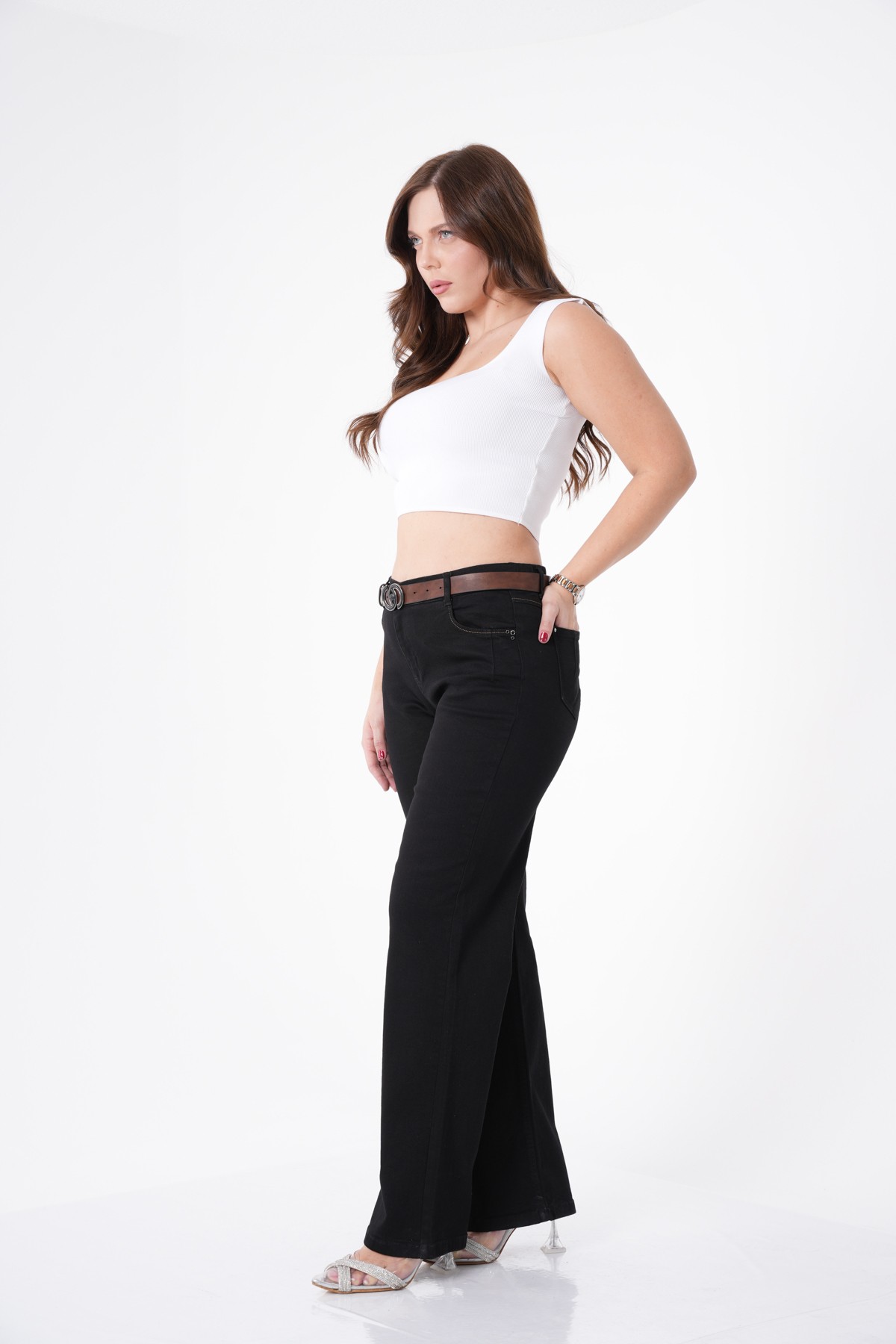 Yüksek Bel Likralı Beli Lastikli Jean Palazzo Kadın Pantolon 10333