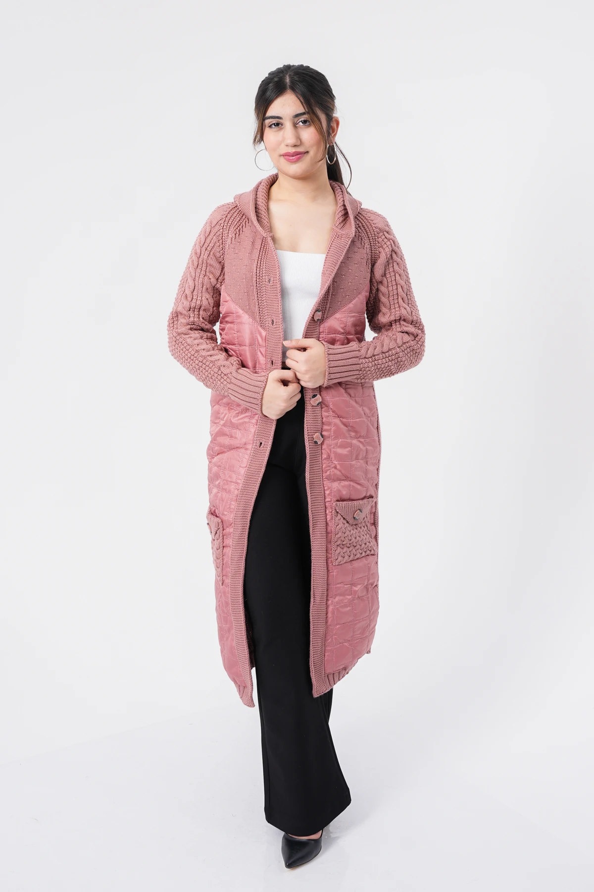 Örgü Desenli Kapitone Kapüşonlu Hırka 9552 - Pembe