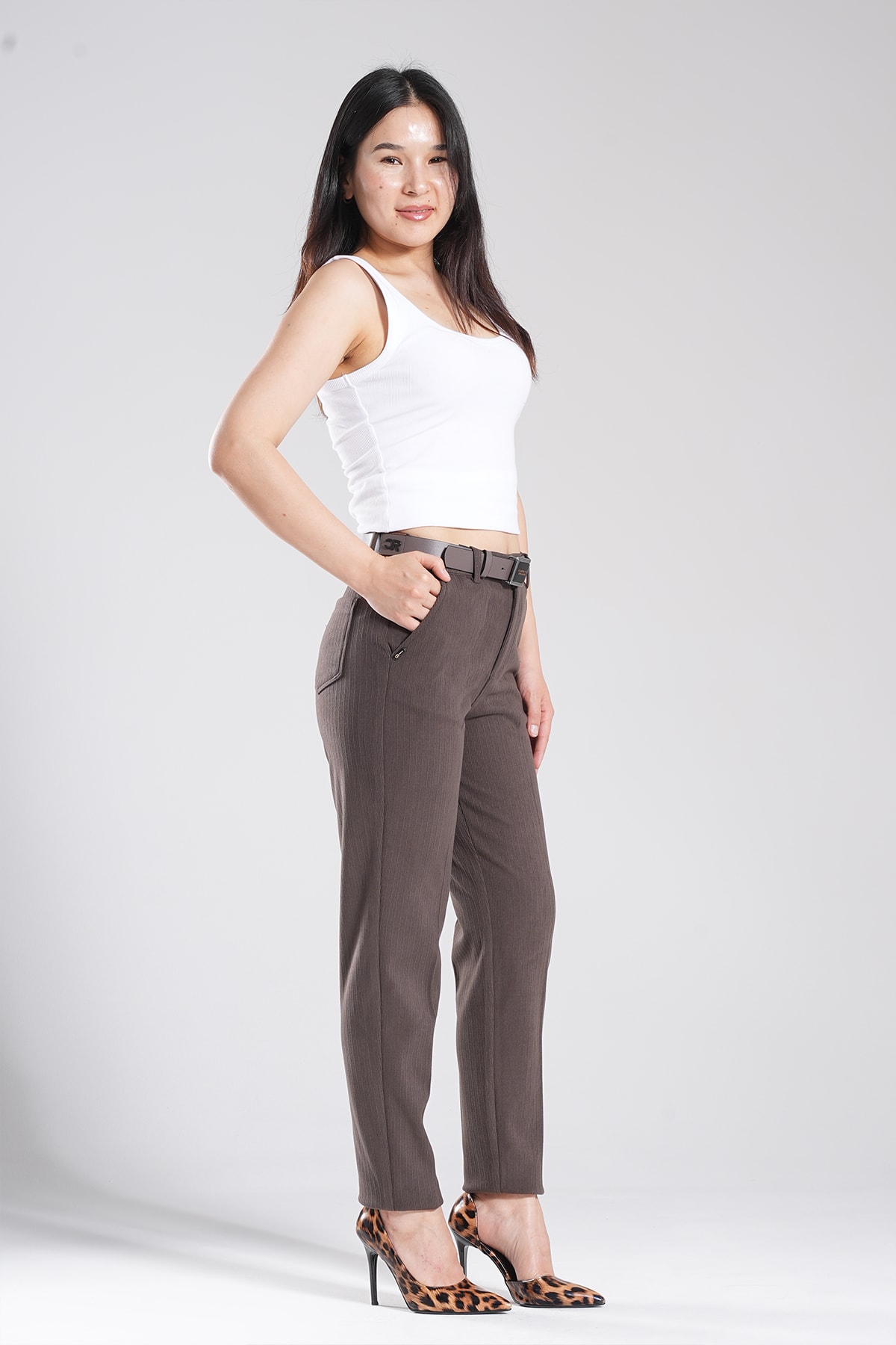 Kadın Bel Lastikli Kadife Mom Pantolon 10641 - Vizon