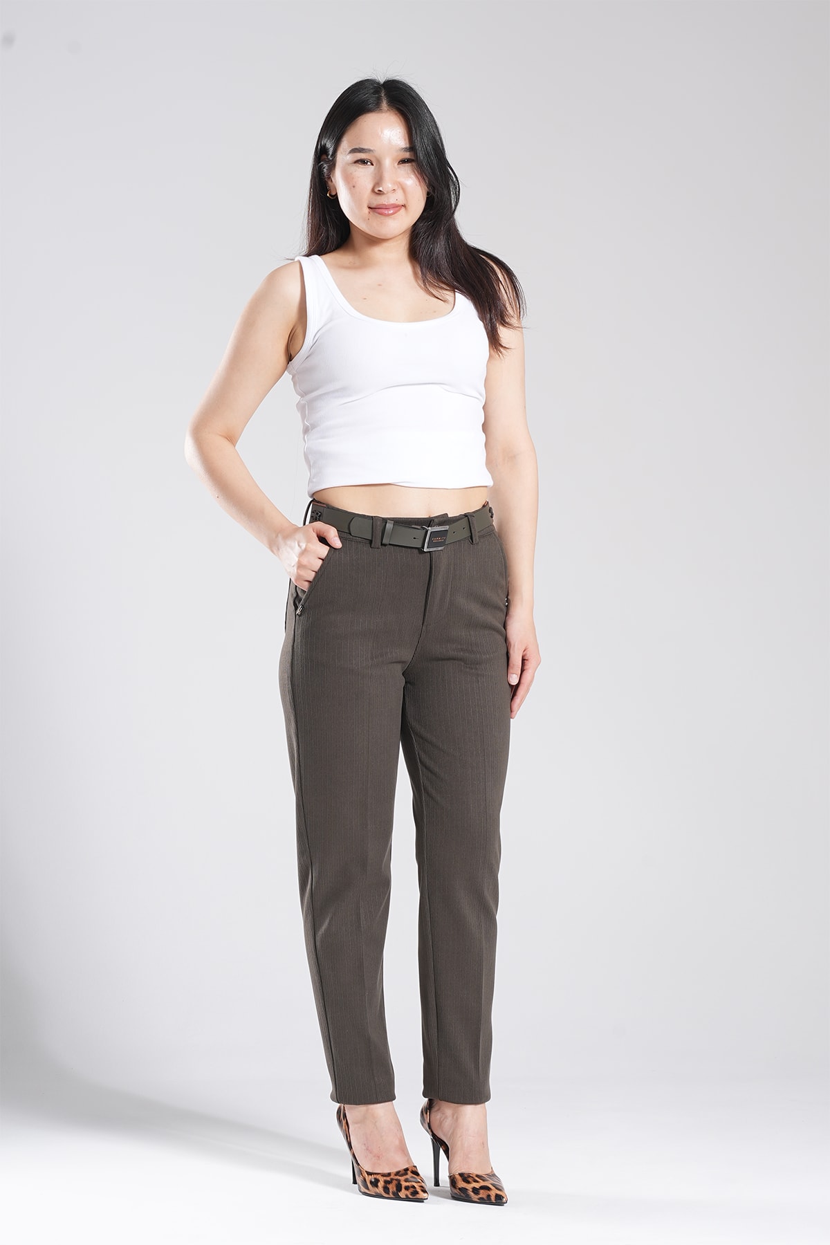 Kadın Bel Lastikli Kadife Mom Pantolon 10641 - Haki