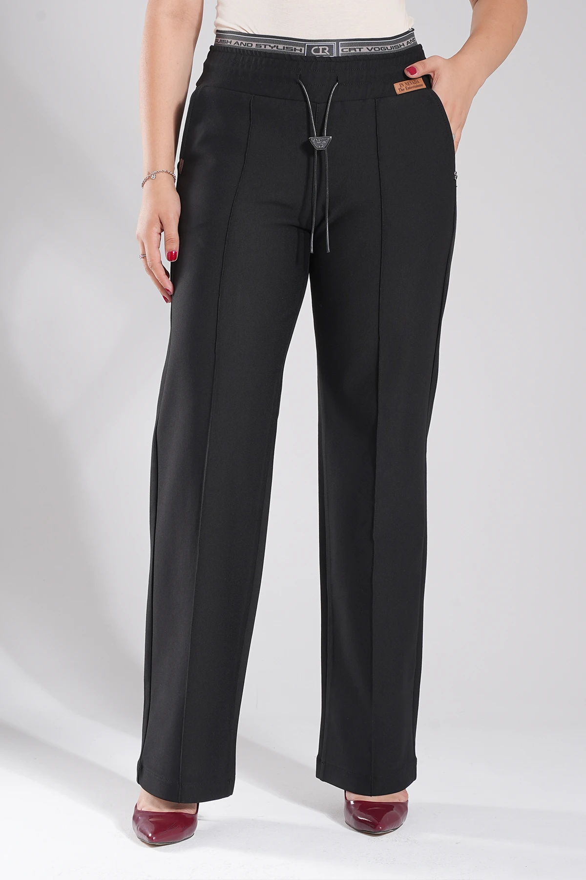 Kadın Bel Özel Tasarım Lastikli Örme Kumaş Palazzo Pantolon 10646 - Siyah