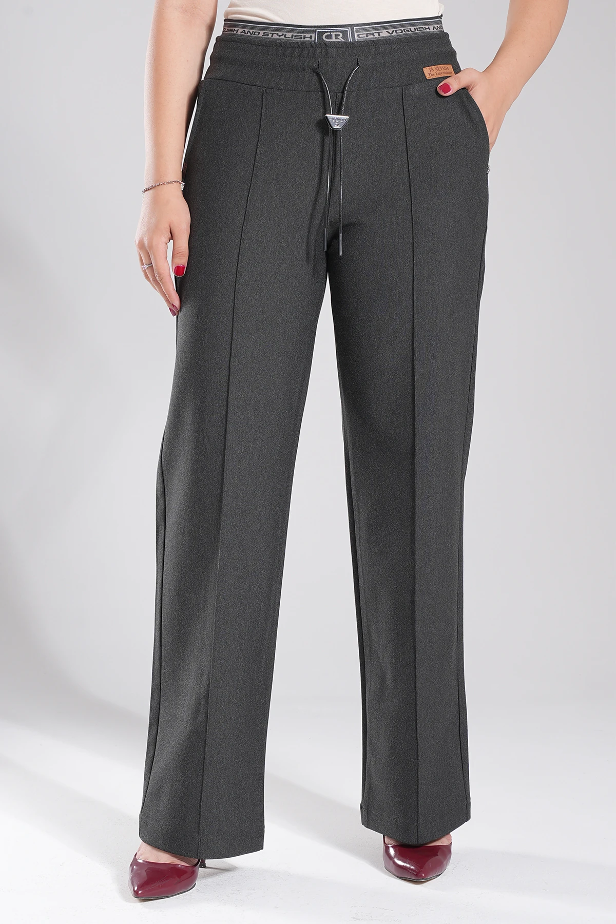 Kadın Bel Özel Tasarım Lastikli Örme Kumaş Palazzo Pantolon 10646 - Antrasit