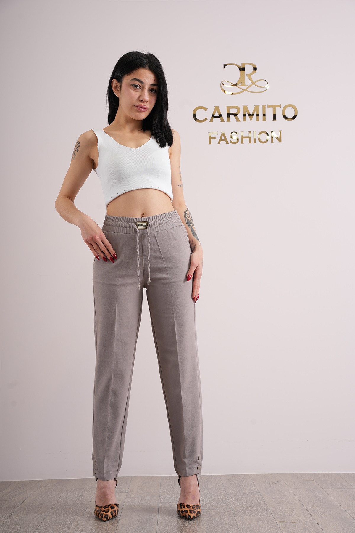 Kadın Bel Lastikli Paça Çıt Çıtlı Kumaş Pantolon 10510 - Vizon