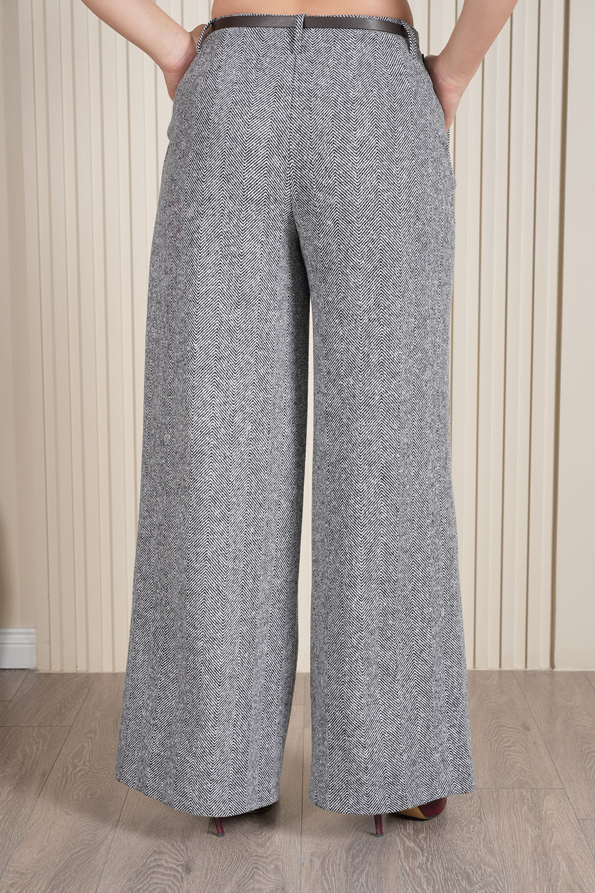 Kadın Pileli Zebra Desen Kaşe Kumaş Palazzo Pantolon 1717