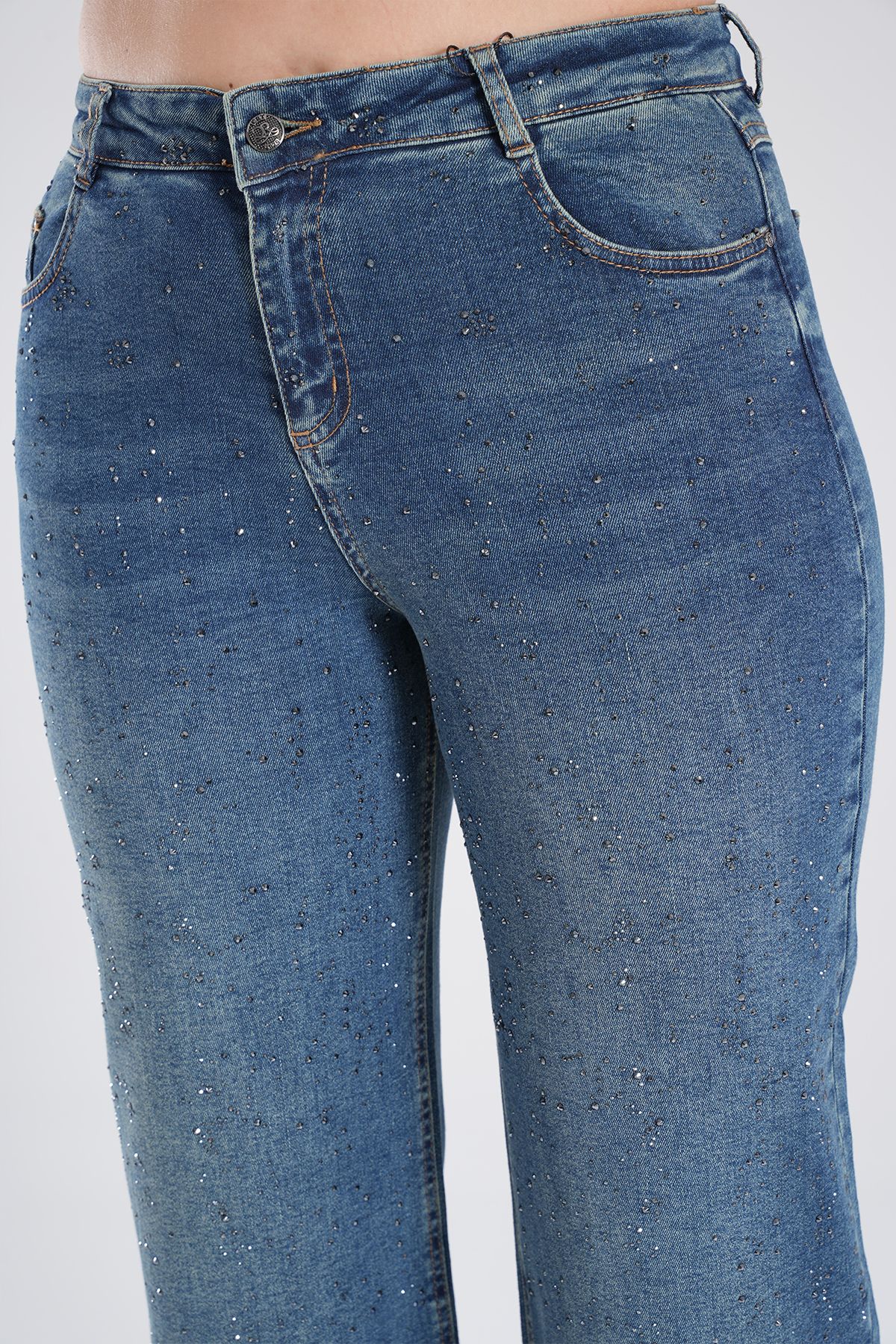 Kadın Paça Katlamalı Taşlı Jean Palazzo Pantolon 10576