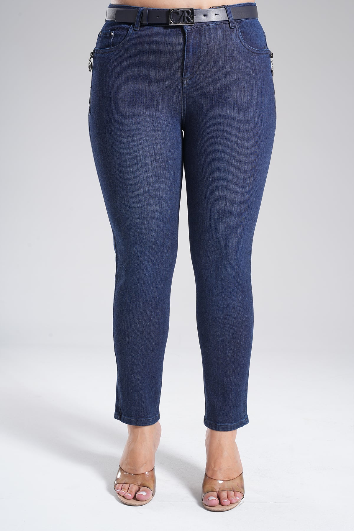 Kadın Yan Süs Cep Fermuarlı Jean Dar Paça Pantolon 10605