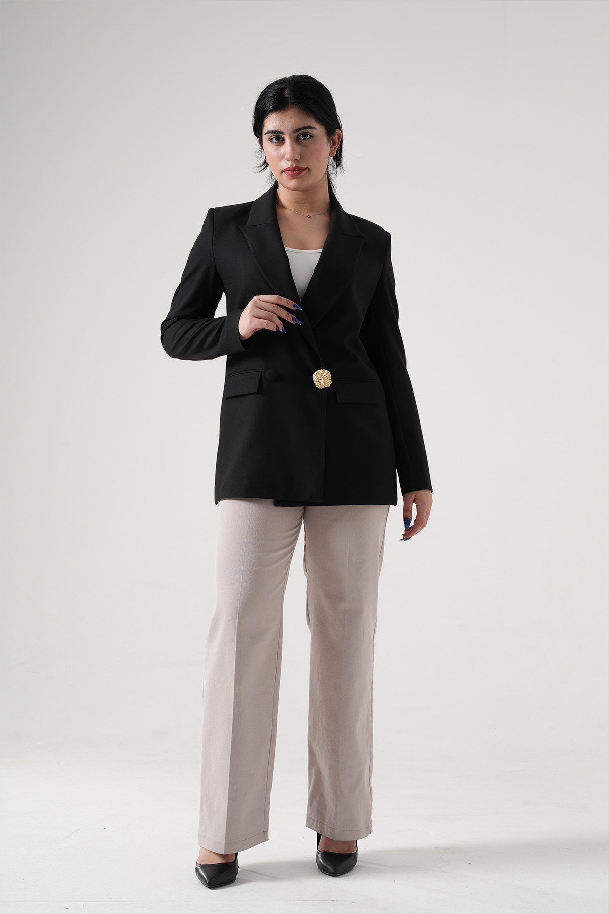 Kadın Uzun Blazer Yazlık Kumaş Ceket 2000 - Siyah