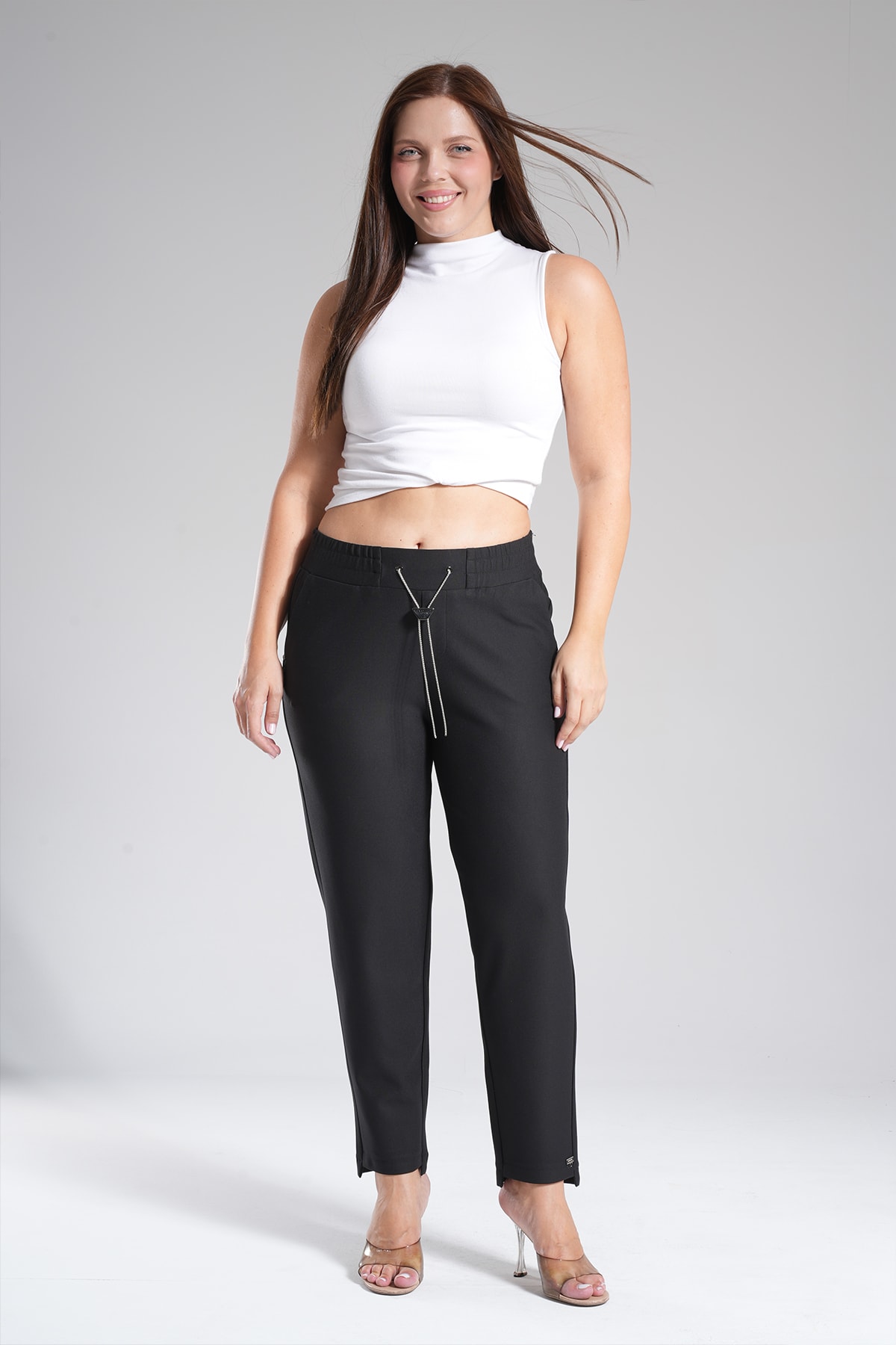 Kadın Bel Lastikli Örme Mom Pantolon 10604 - Siyah