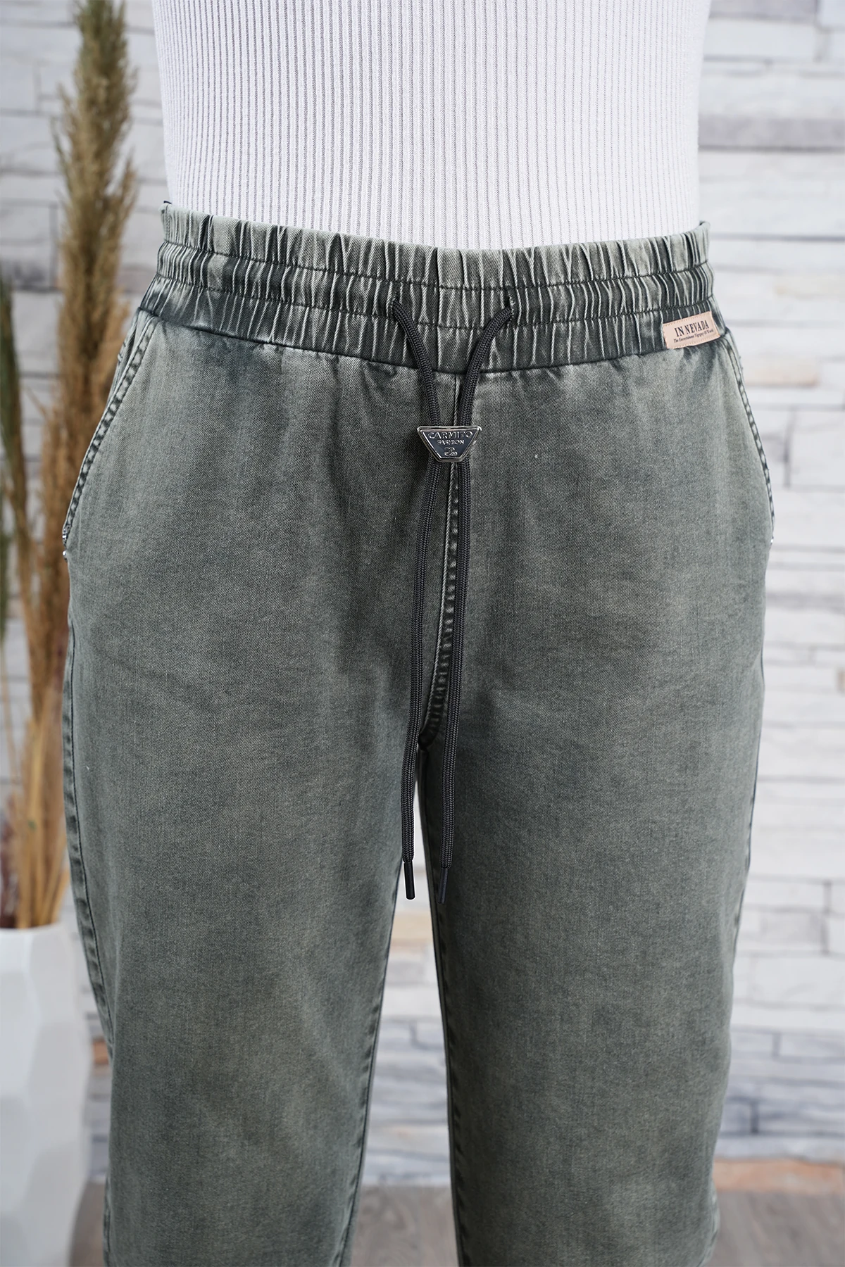 Kadın Bel Paça Lastikli Mom Jean Pantolon 10445 - Haki