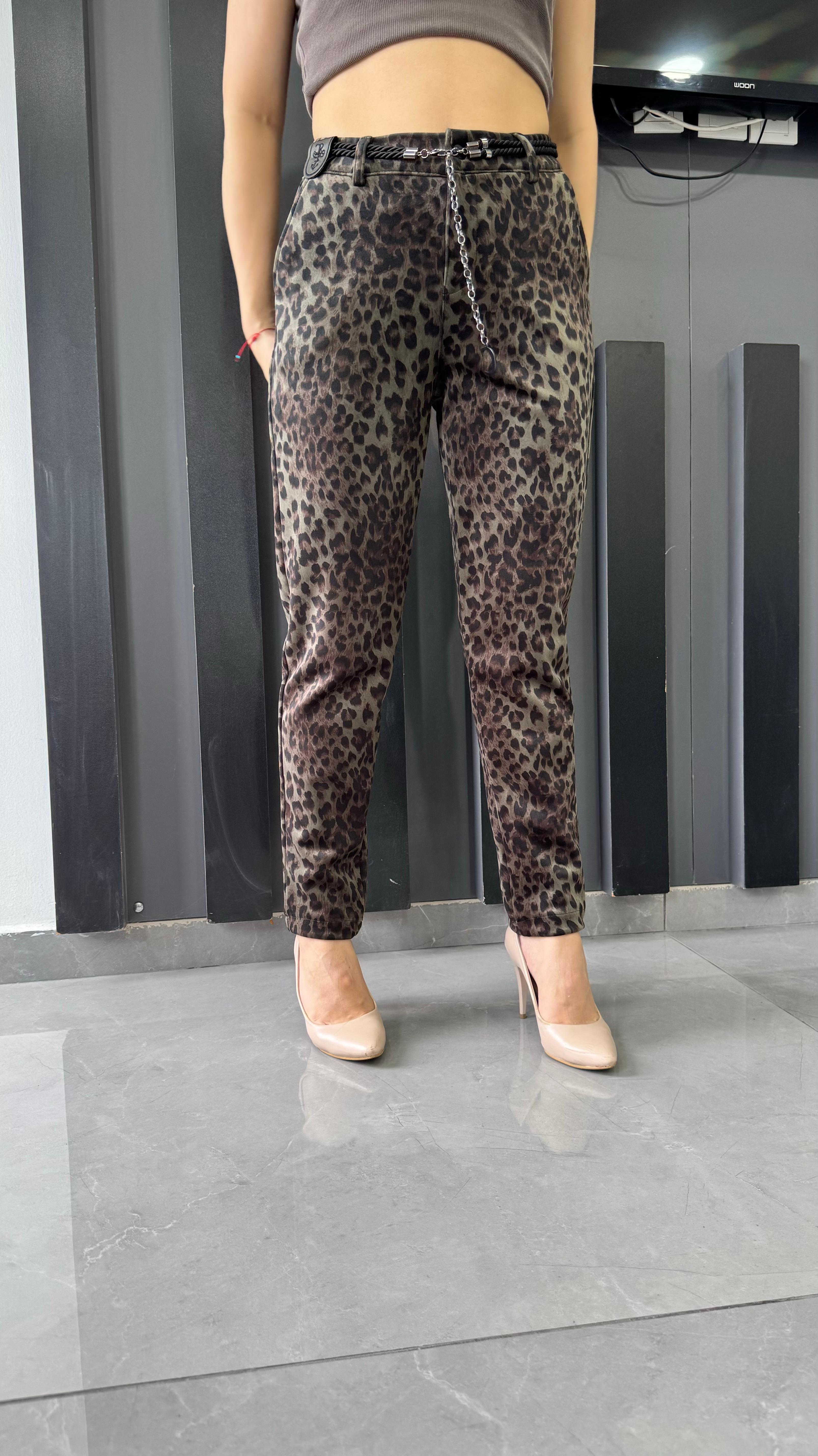 Bel Lastik Leopar Desen Mom Kadın Pantolon 10366