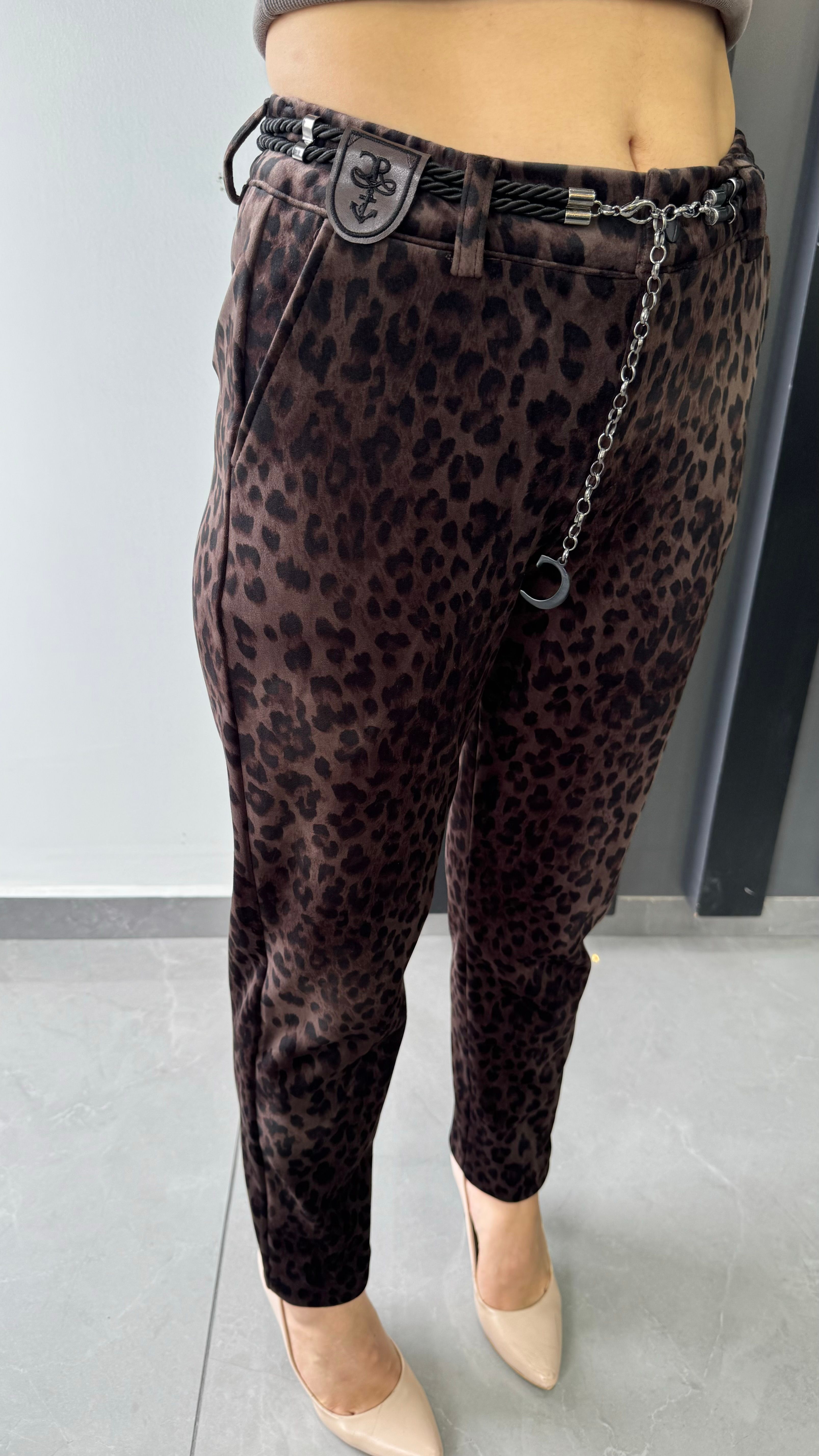 Bel Lastik Leopar Desen Mom Kadın Pantolon 10366