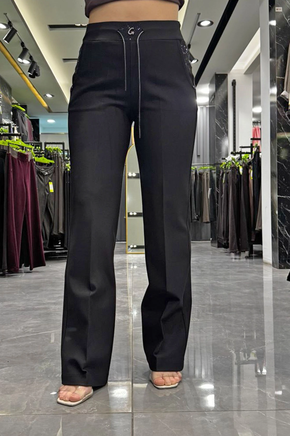 Kadın Bel Taş Sıralı Palazzo Örme Pantolon 10678 - Siyah