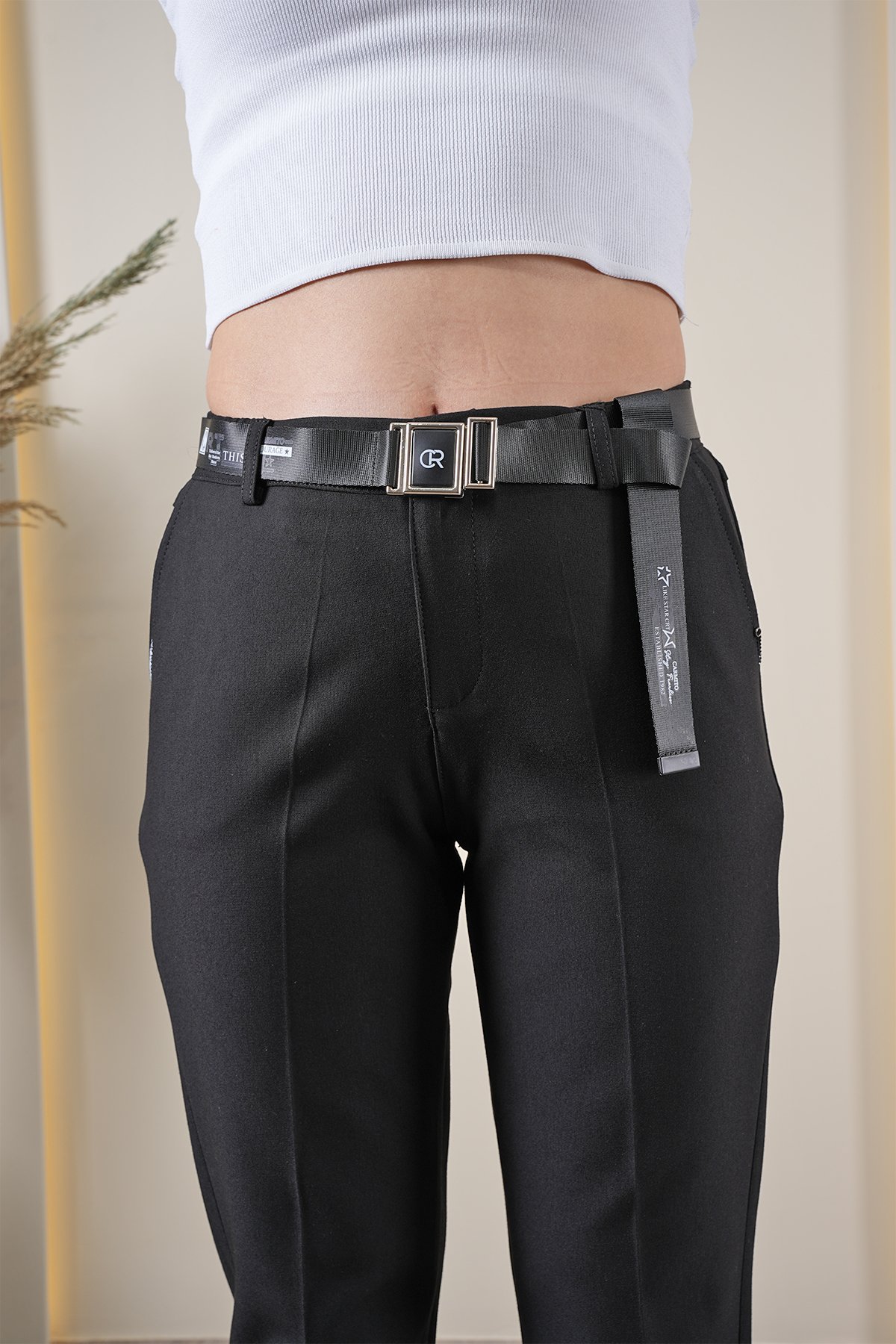 Kadın Likralı Küçük Taş Detaylı Mom Kumaş Pantolon 10406