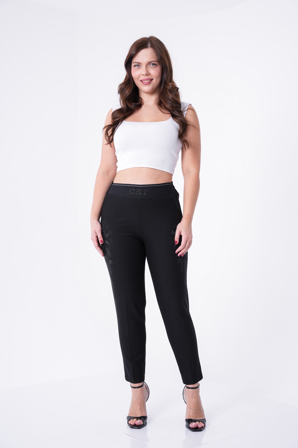 En Boy Likralı Leopar Baskı Taşlı Mom İthal Örme Pantolon - 10377