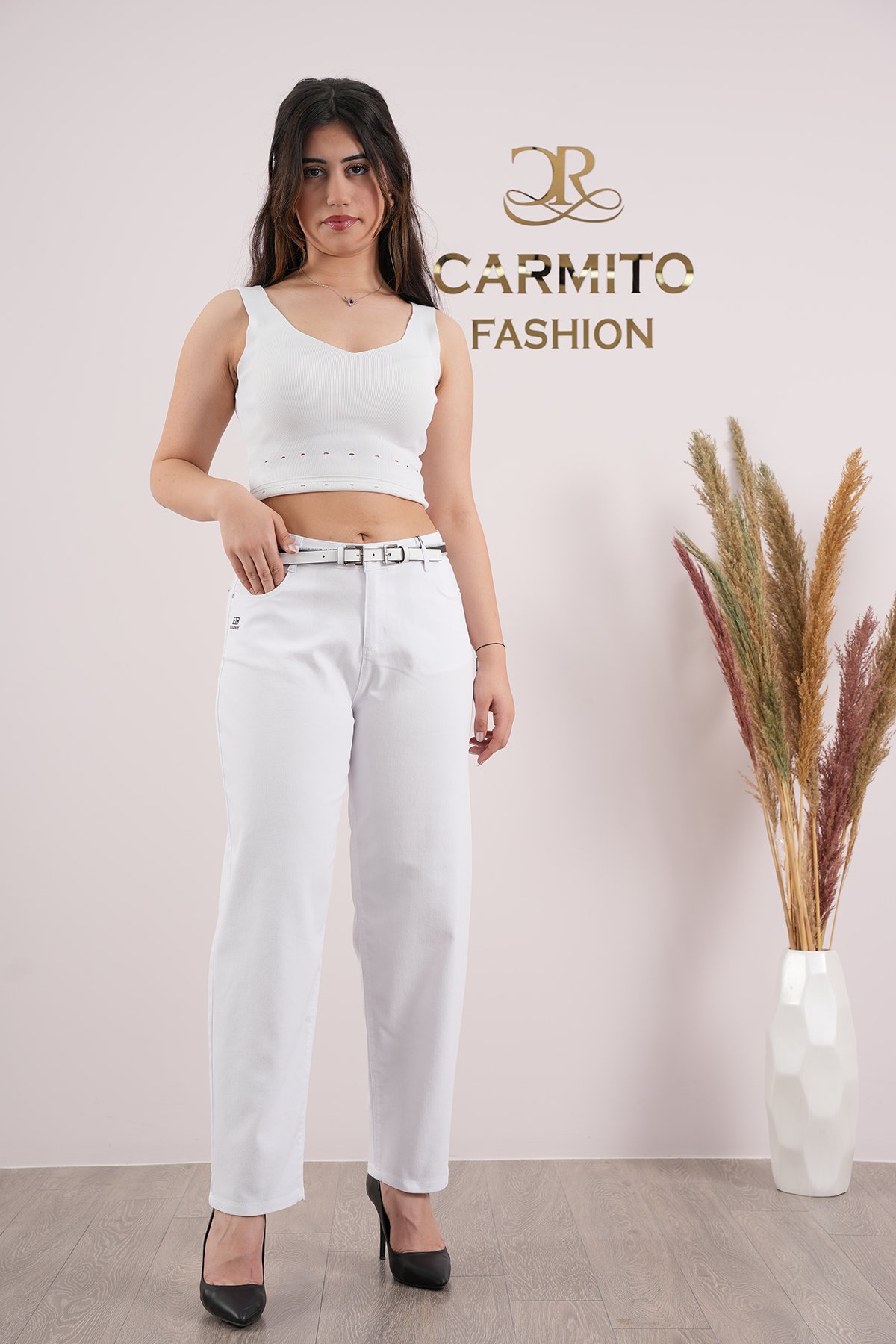 Kadın Likralı Mom Yazlık Slim Pantolon 10478 - Beyaz