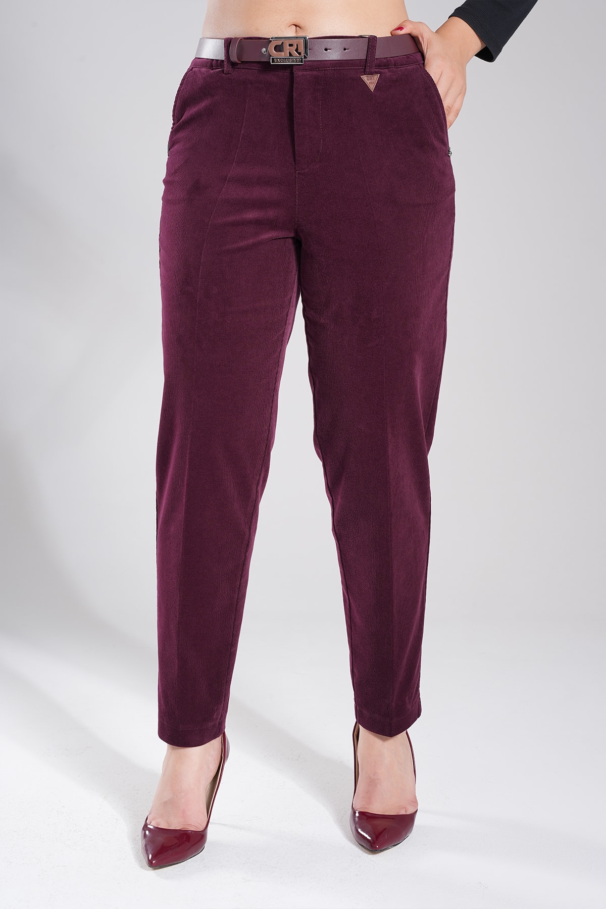 Kadın Bel Lastikli Kadife Kumaş Mom Pantolon 10647 - Bordo