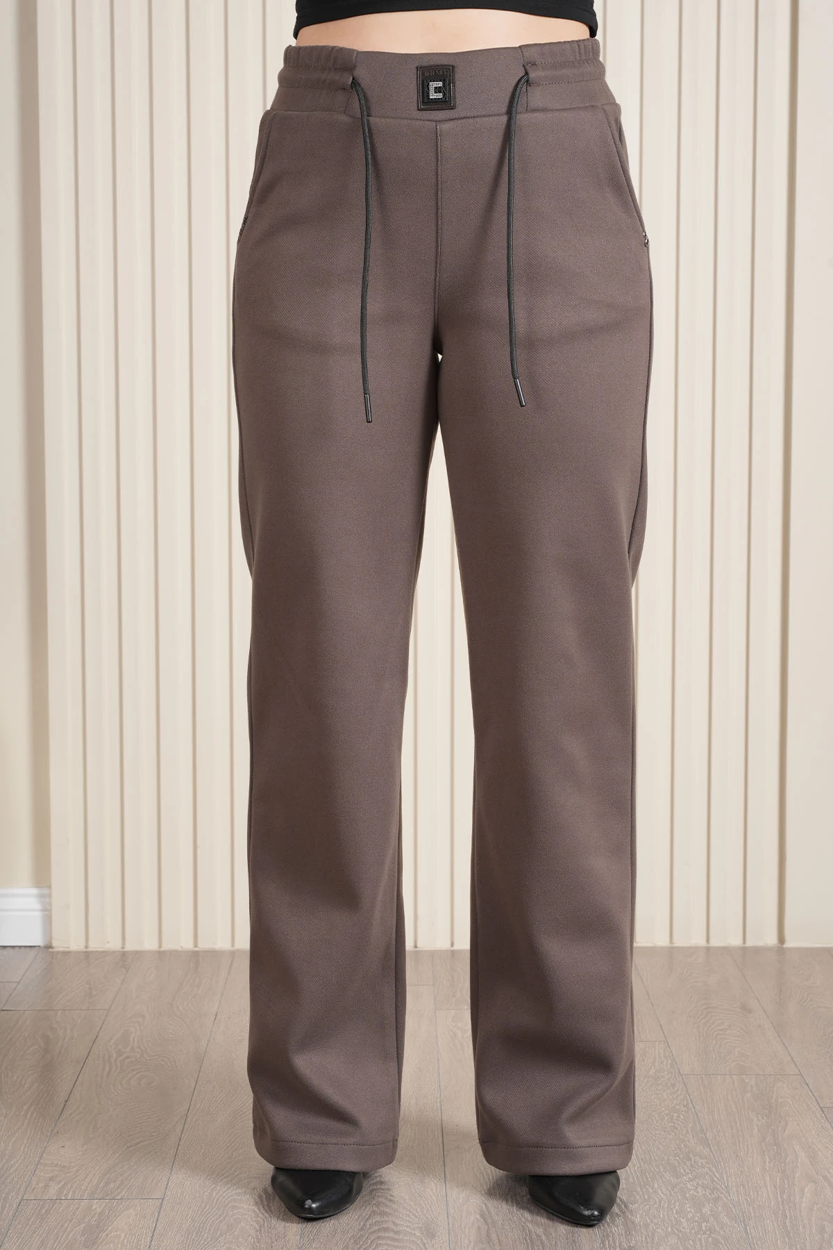 Kadın Bel Lastikli Süet Kadife Palazzo Pantolon 10681 - Vizon