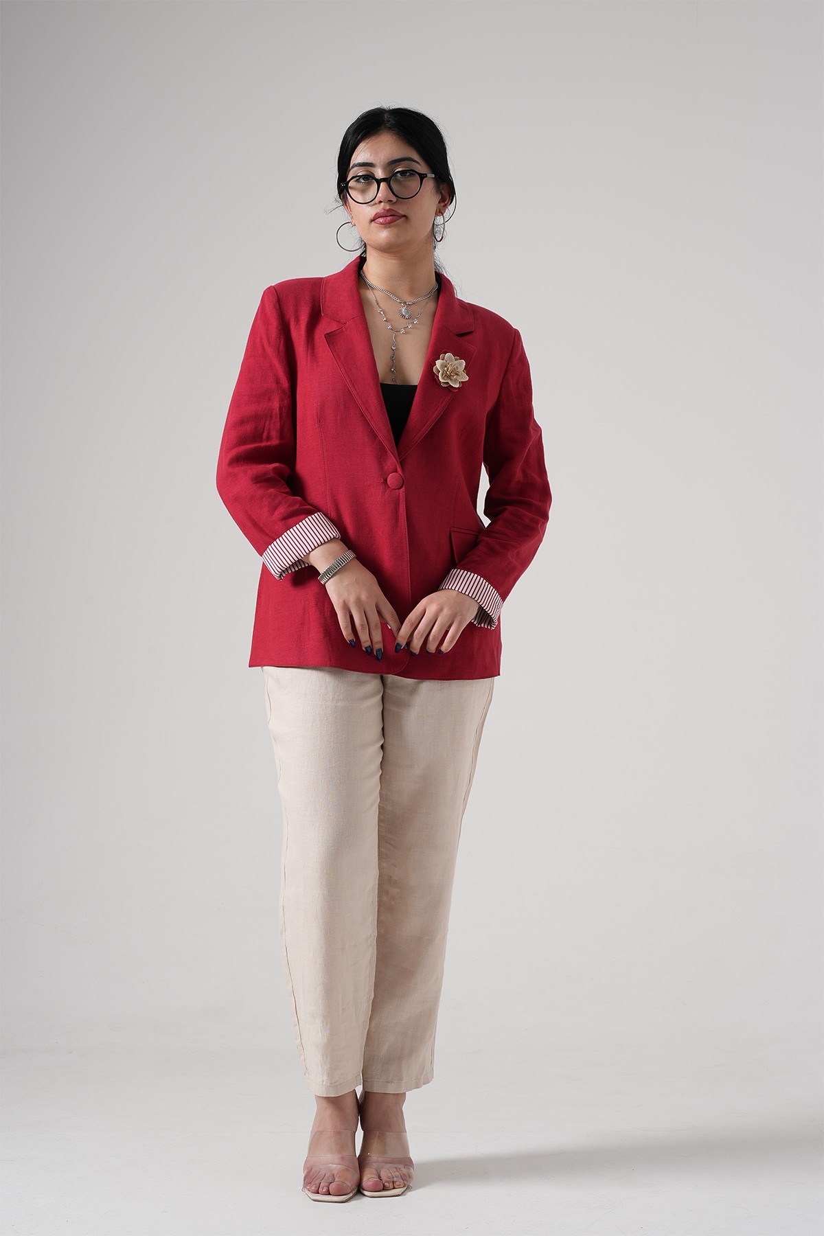 Kadın İçi Marin Astarlı Yumuşak Keten Blazer Ceket 2001 - Bordo