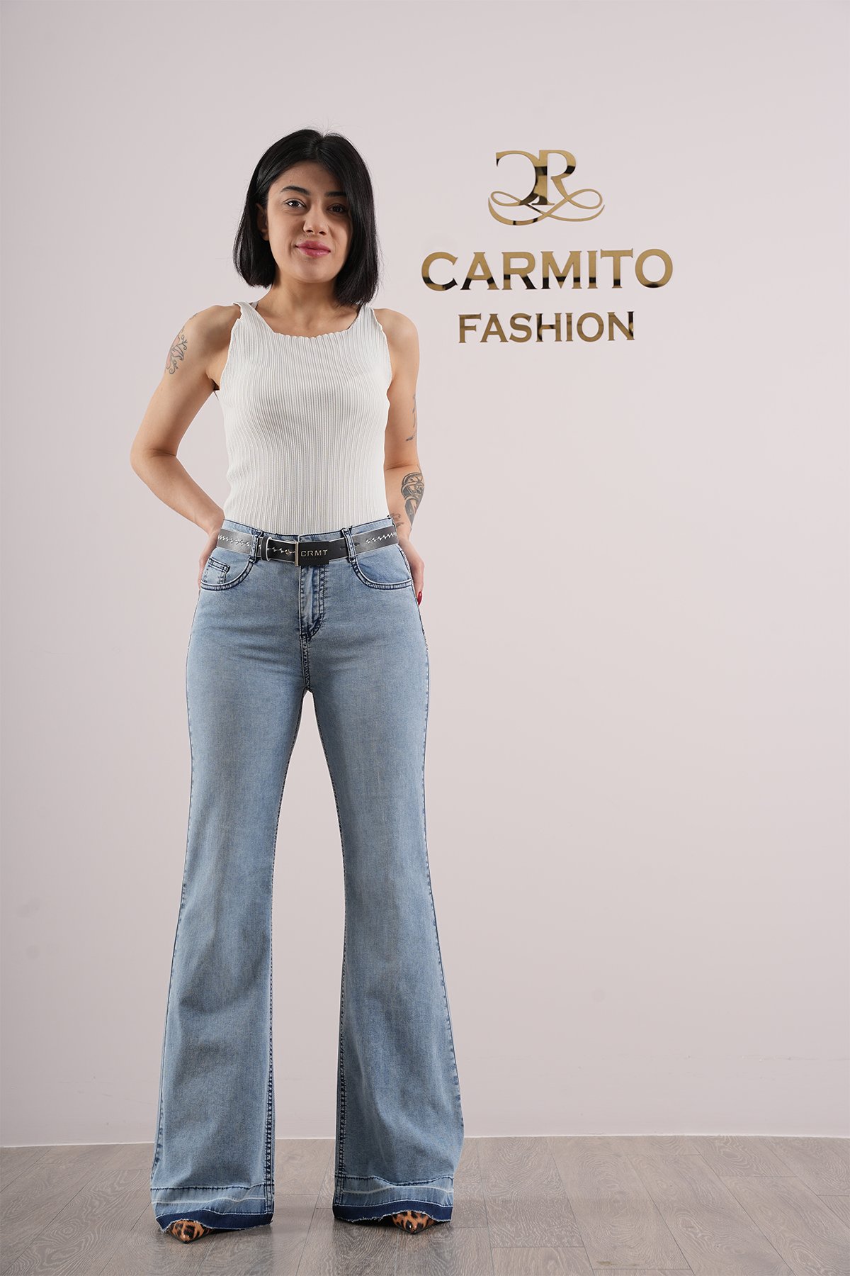 Kadın Paça Püskül Yan Taşlı İspanyol Jean Pantolon 10464 - Lacivert