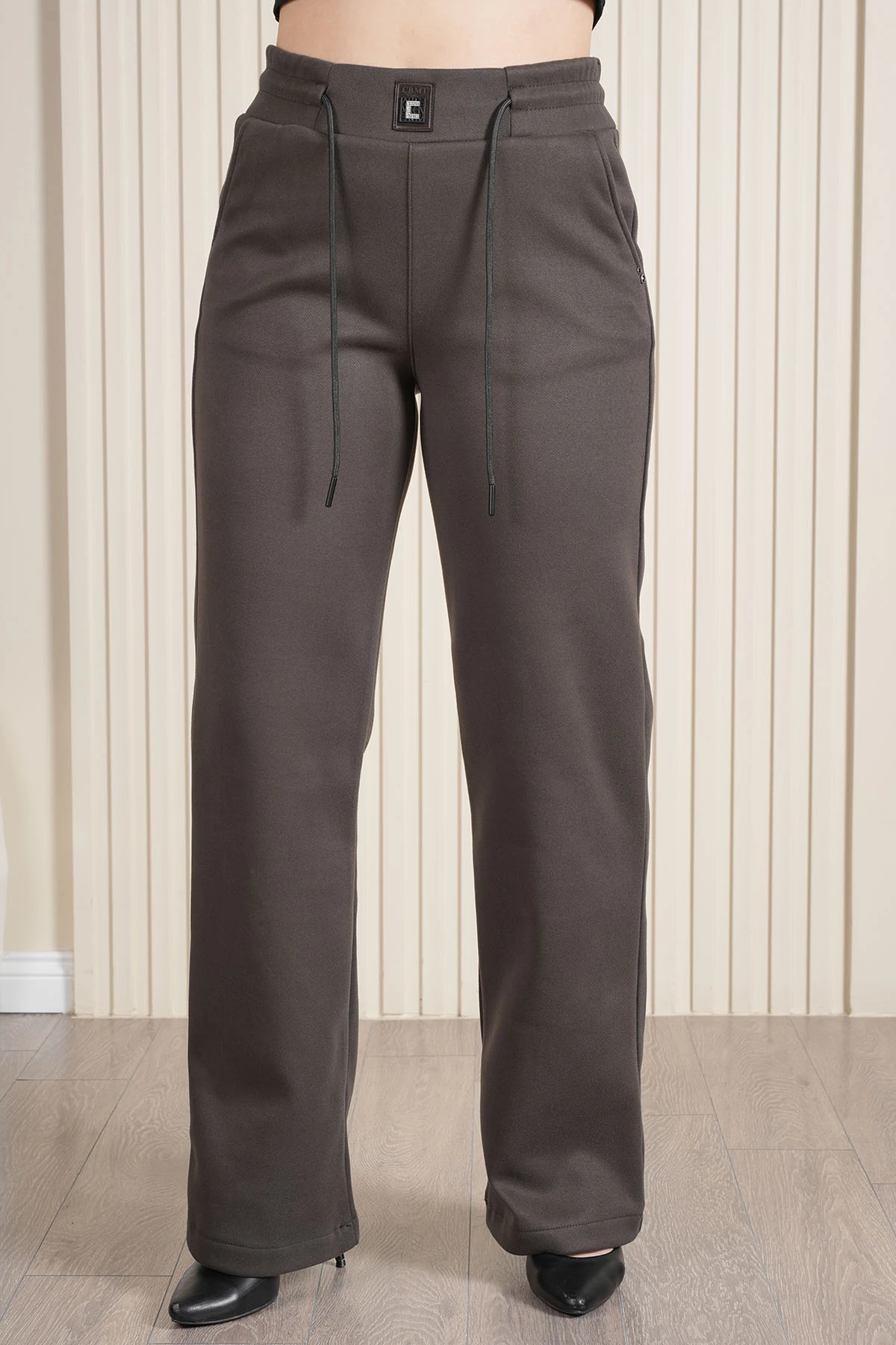 Kadın Bel Lastikli Süet Kadife Palazzo Pantolon 10681 - Haki