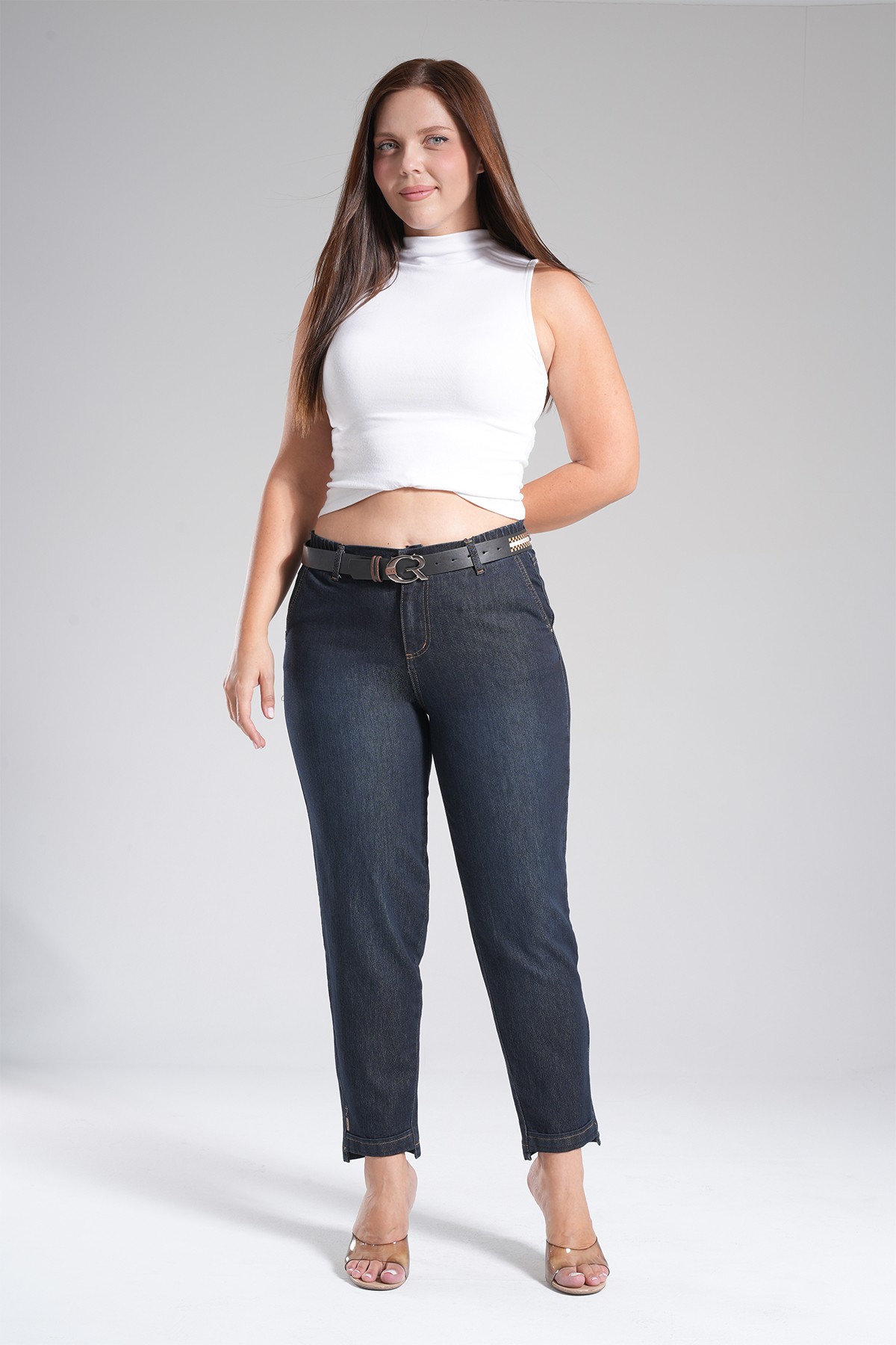 Kadın Bel Lastik Paça Duble Detaylı Mom Jean Pantolon 10613 - Blue Black