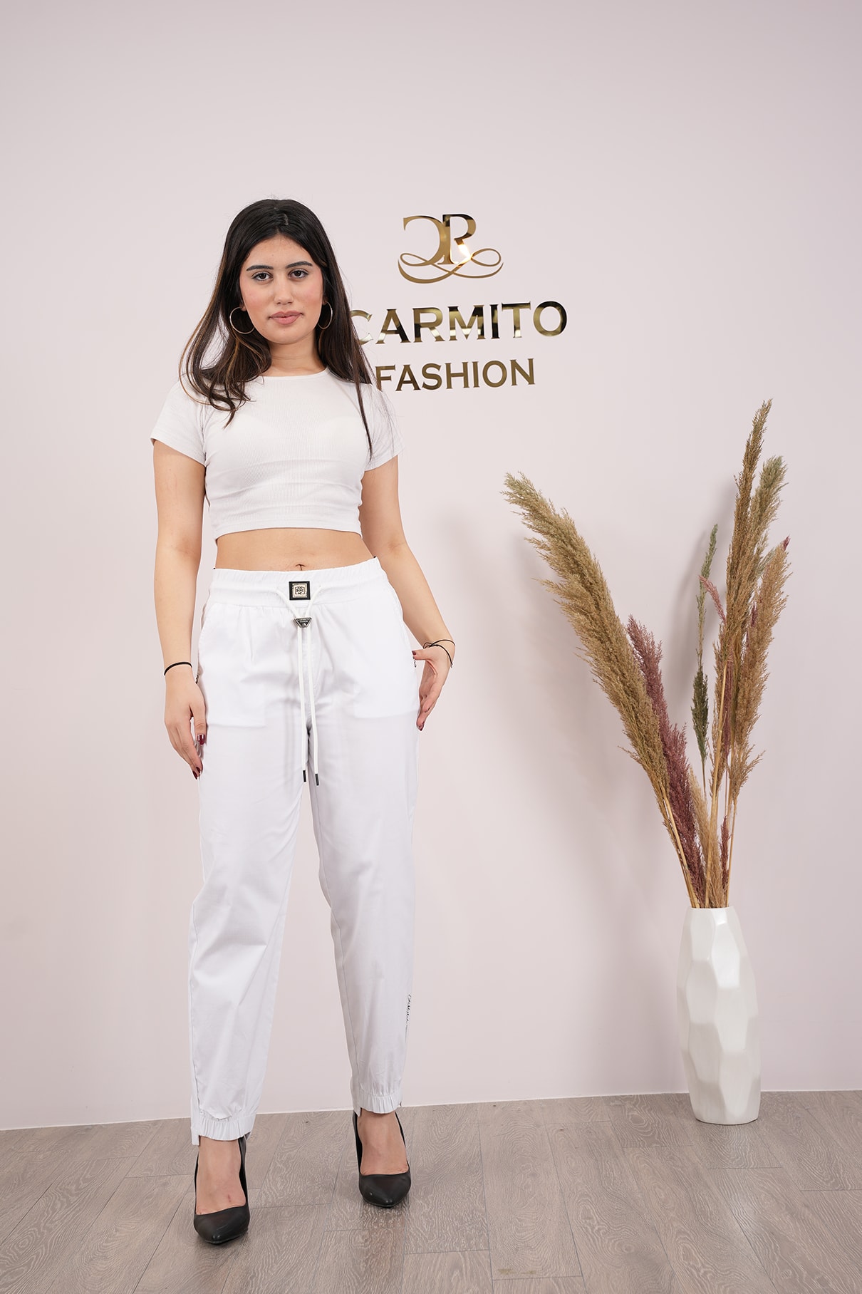 Kadın Bel Paça Lastikli Mom Pantolon 10499 - Beyaz