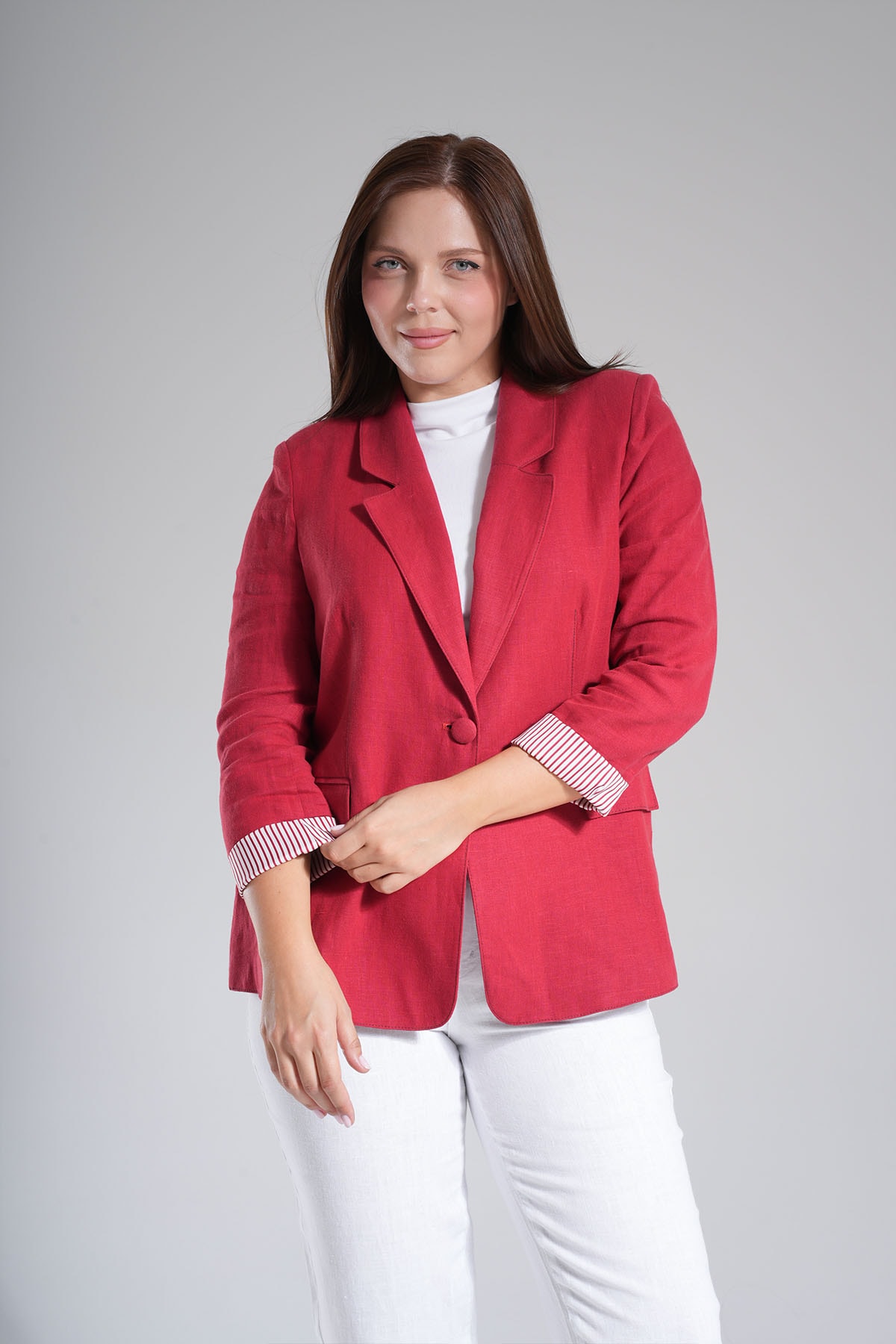Kadın İçi Marin Astarlı Yumuşak Keten Blazer Ceket 2001 - Bordo