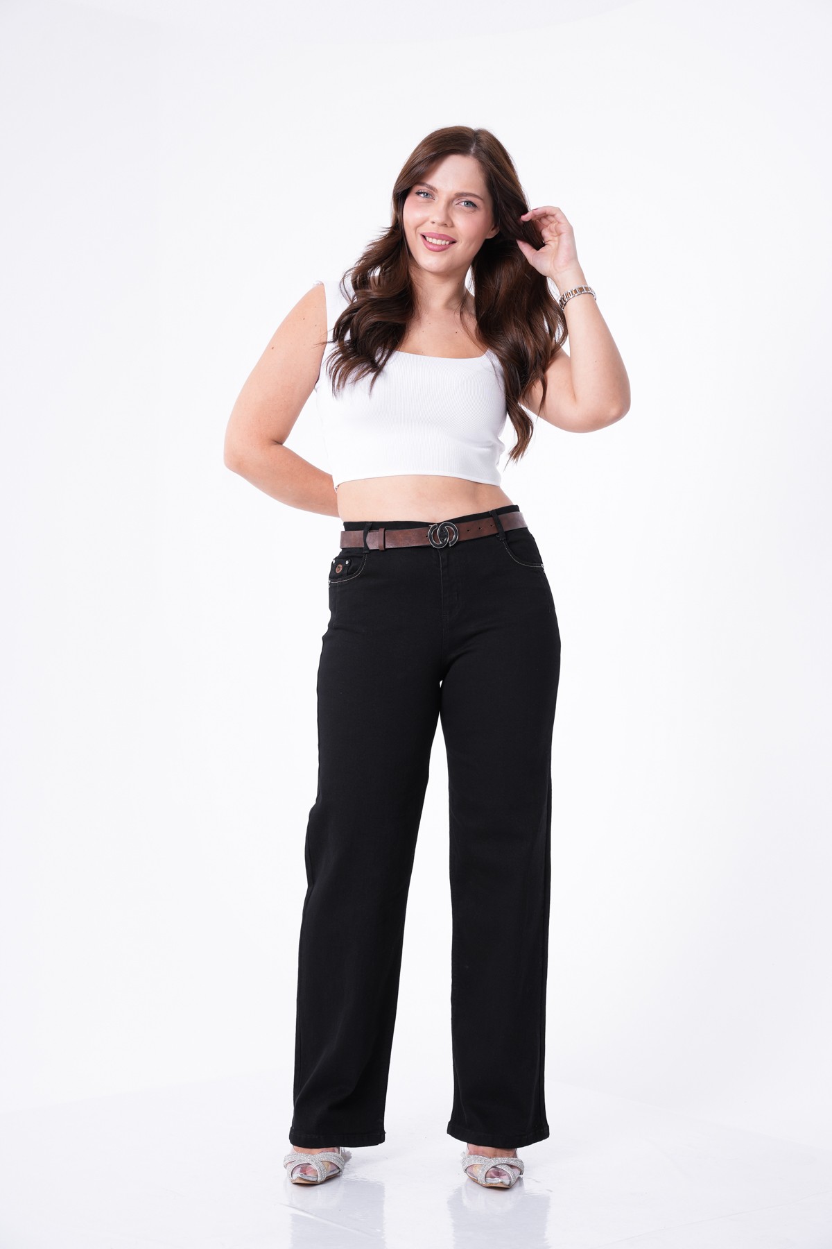 Yüksek Bel Likralı Beli Lastikli Jean Palazzo Kadın Pantolon 10333