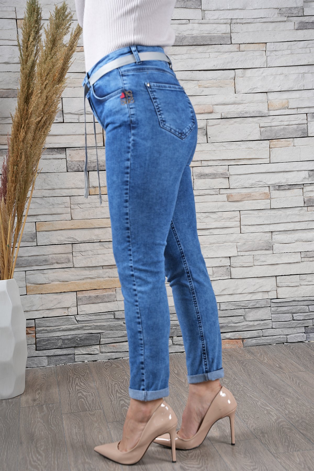 Kadın Likralı Cep Özel Nakışlı Dar Paça Jean Pantolon 10449