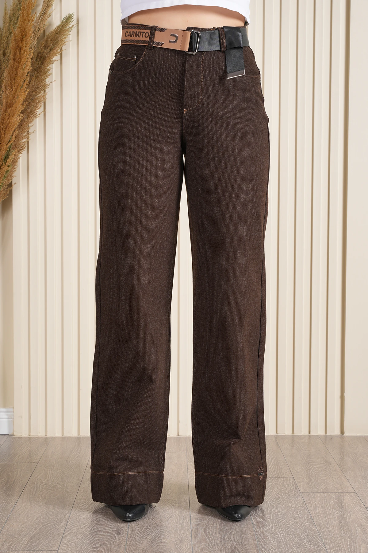 Kadın Melanj Kumaş Double Paça Dikişli Palazzo Örme Pantolon 10663 - Kahverengi