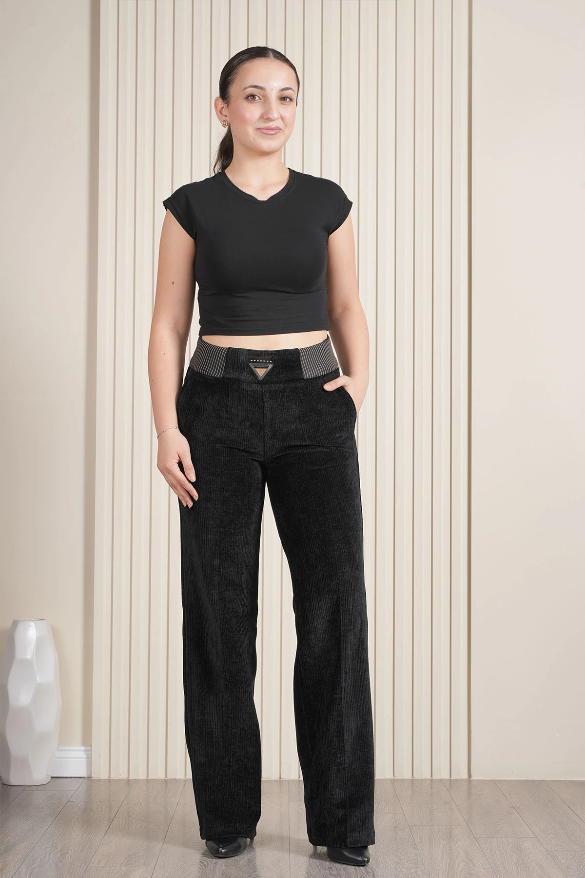 Kadın Bel Özel Tasarım Çizgili Lastikli Kadife Palazzo Pantolon 10682