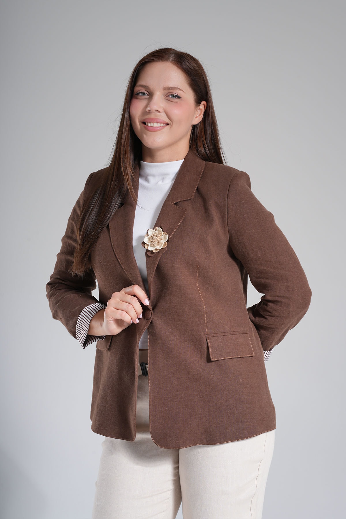 Kadın İçi Marin Astarlı Yumuşak Keten Blazer Ceket 2001 - Kahve