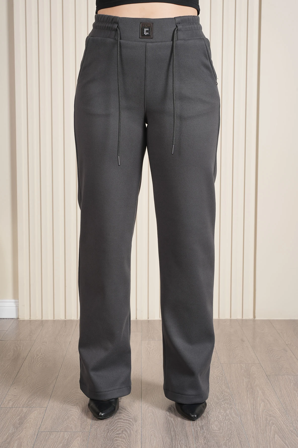 Kadın Bel Lastikli Süet Kadife Palazzo Pantolon 10681 - Antrasit