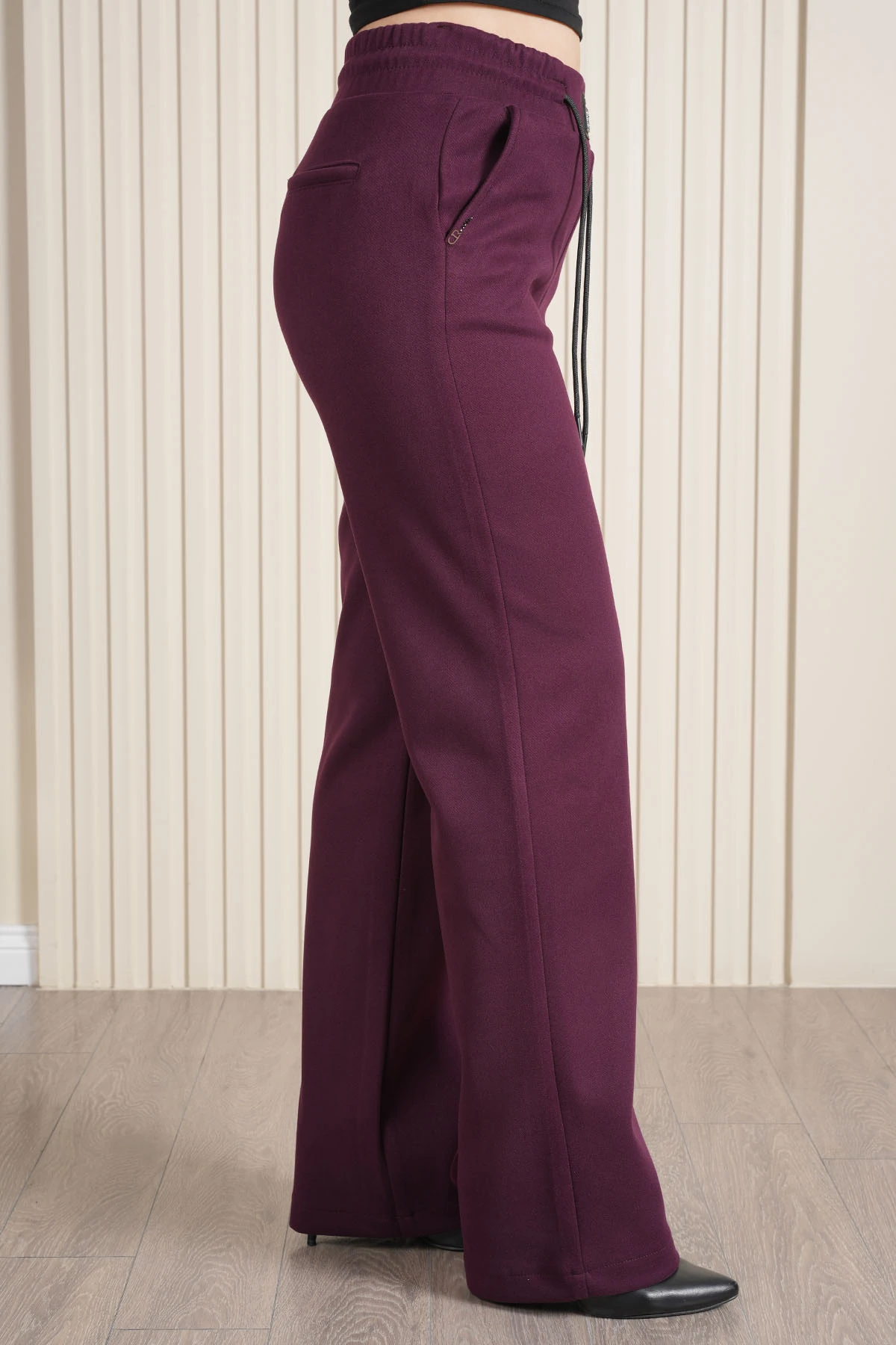 Kadın Bel Lastikli Süet Kadife Palazzo Pantolon 10681 - Bordo