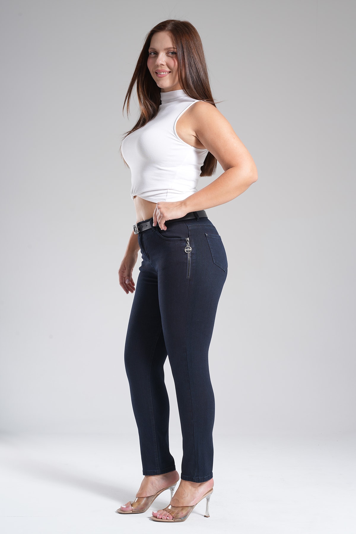Kadın Yan Süs Cep Fermuarlı Jean Dar Paça Pantolon 10605 - Blue Black